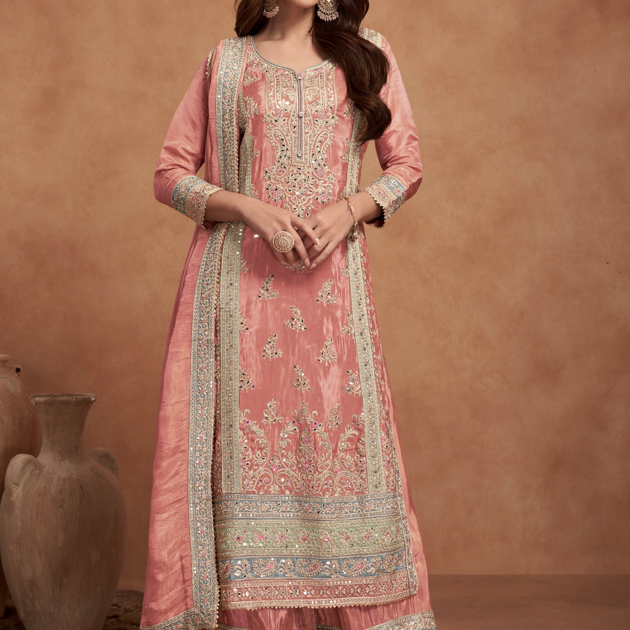 Peach Simar Silk Palazzo Suit with Intricate Embroidery
