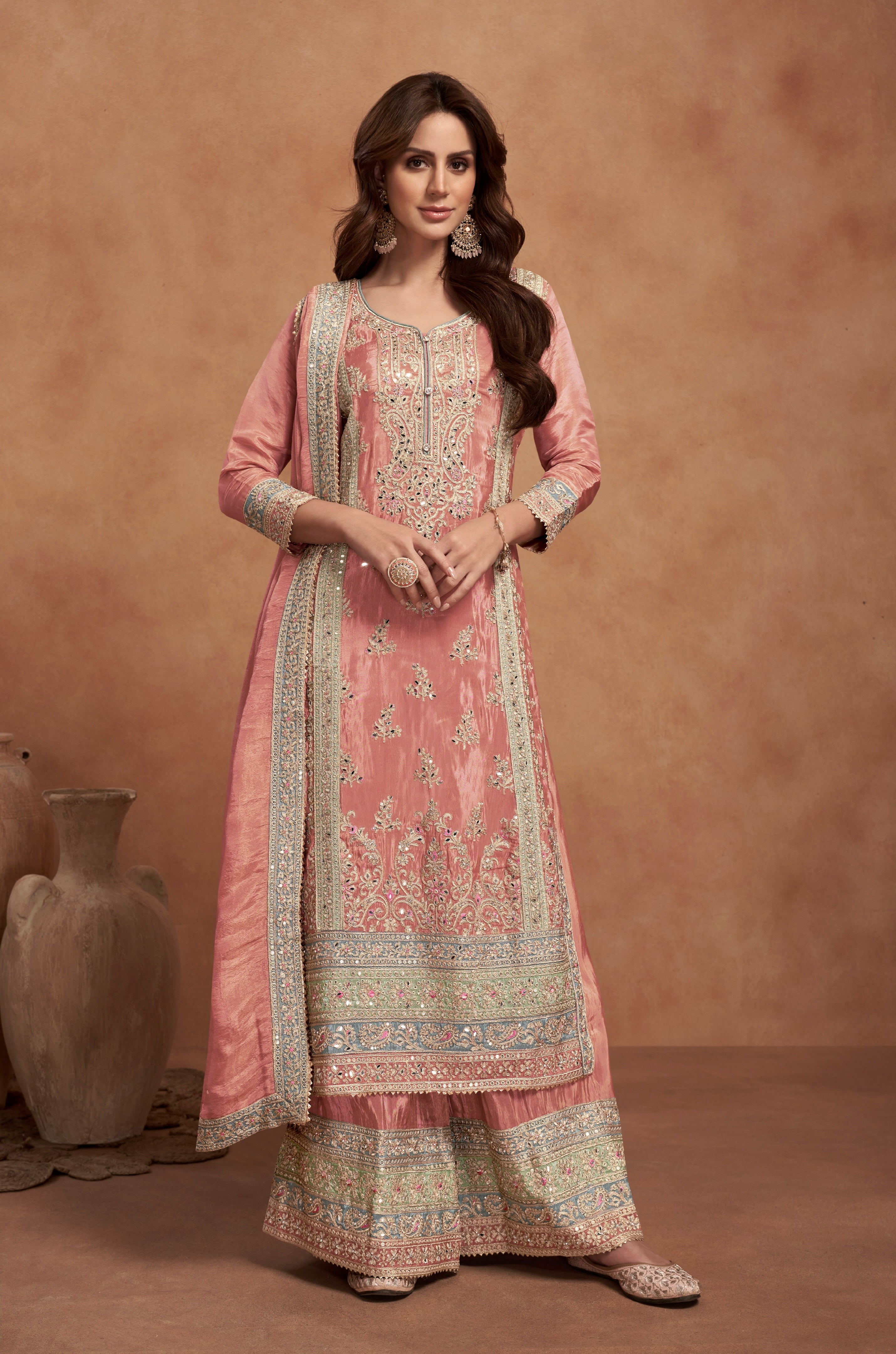 Peach Simar Silk Palazzo Suit with Intricate Embroidery