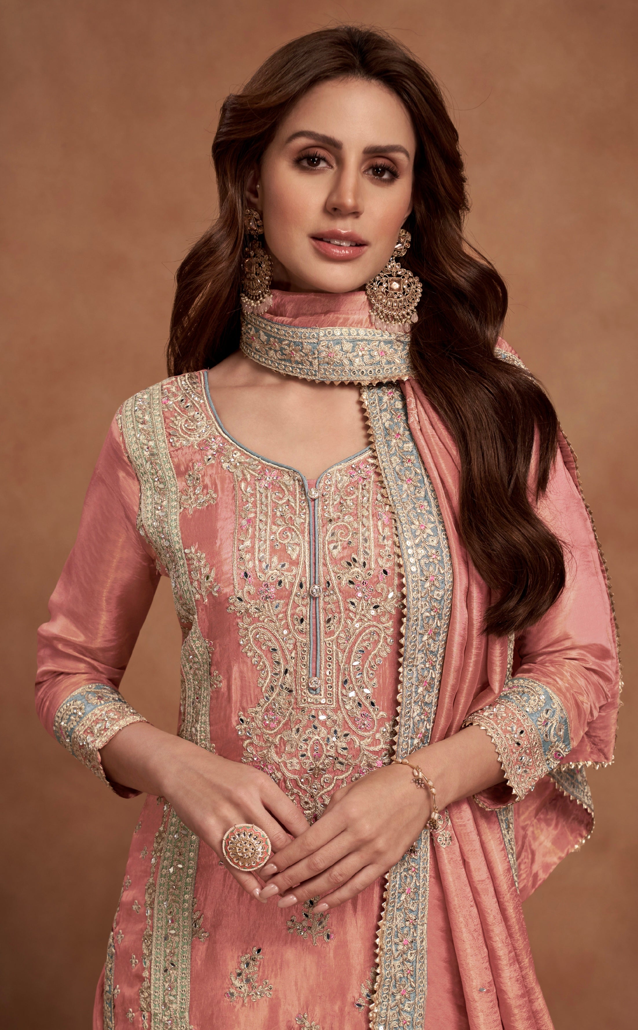 Peach Simar Silk Palazzo Suit with Intricate Embroidery