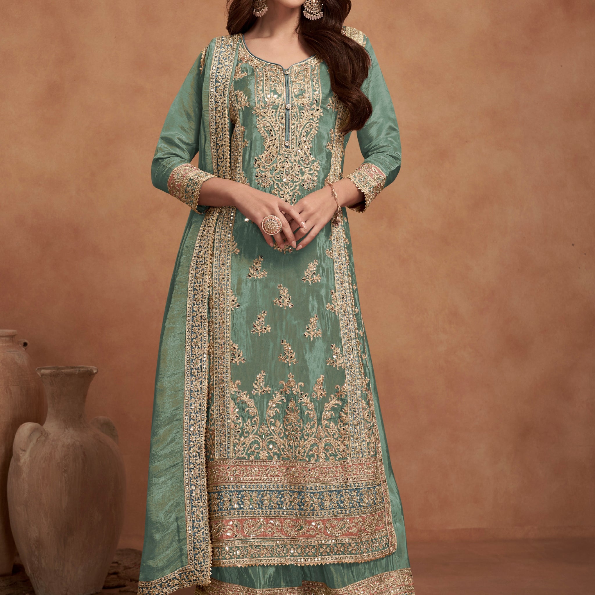 Sea Green Simar Silk Palazzo Suit with Golden Embroidery