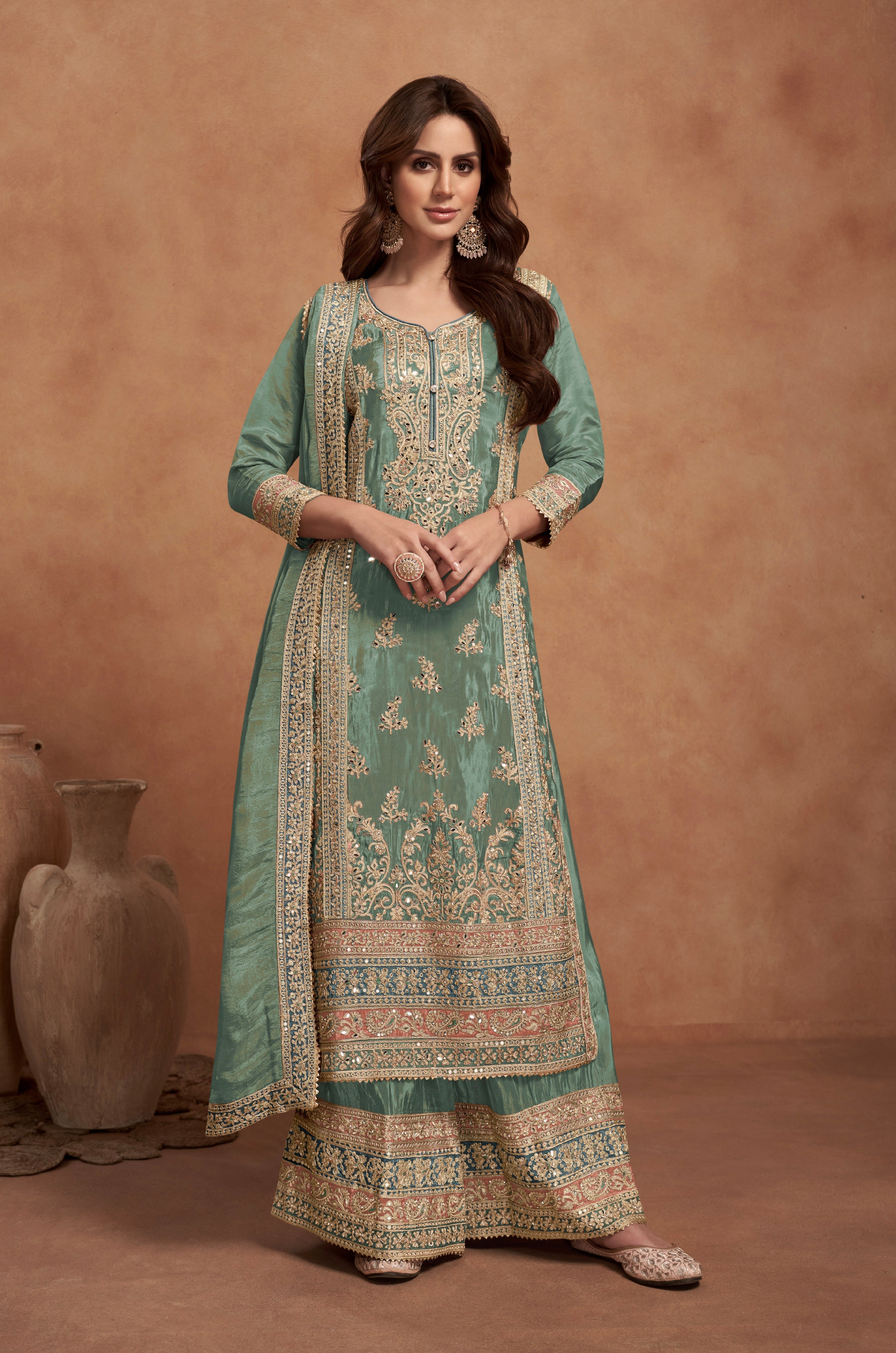 Sea Green Simar Silk Palazzo Suit with Golden Embroidery