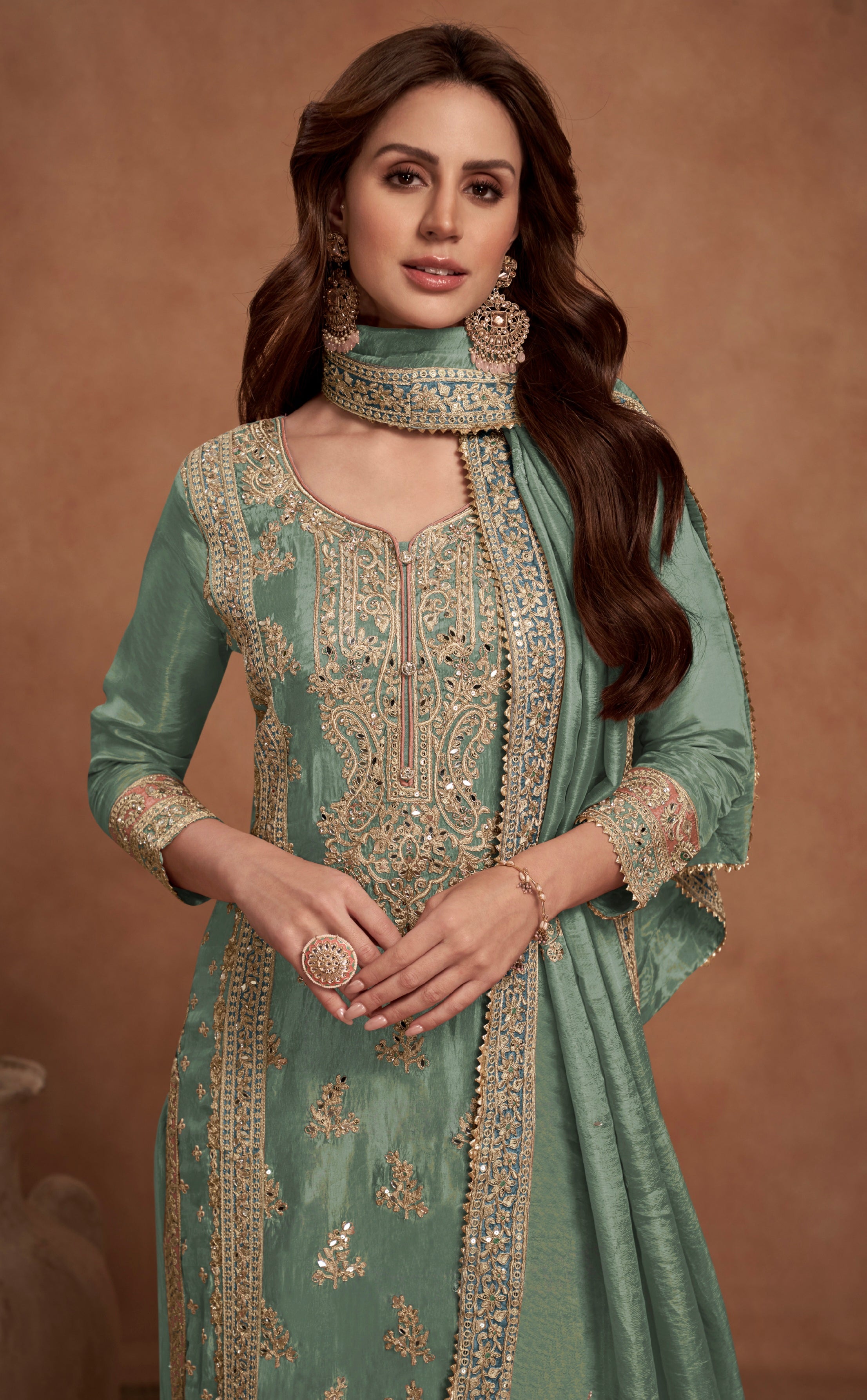 Sea Green Simar Silk Palazzo Suit with Golden Embroidery