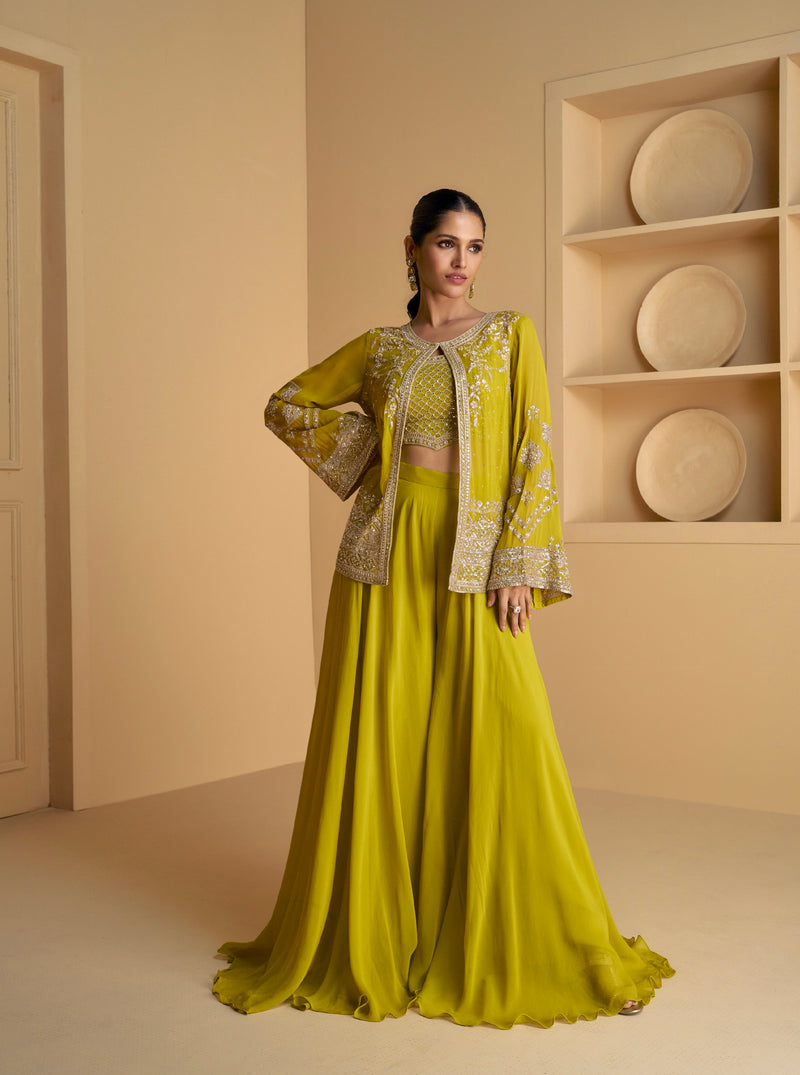 Olive Green Real Georgette Sharara Set with Embroidered Jacket