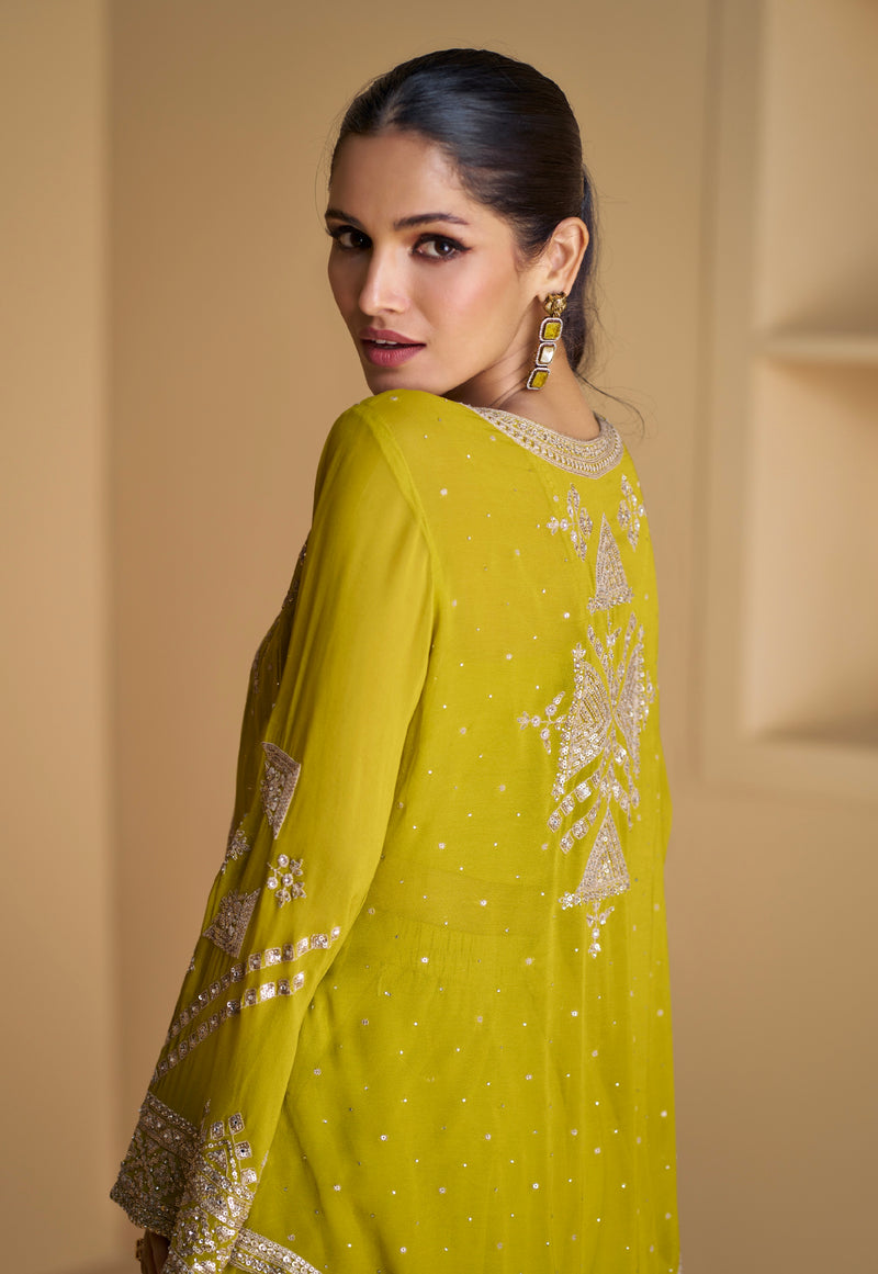 Olive Green Real Georgette Sharara Set with Embroidered Jacket