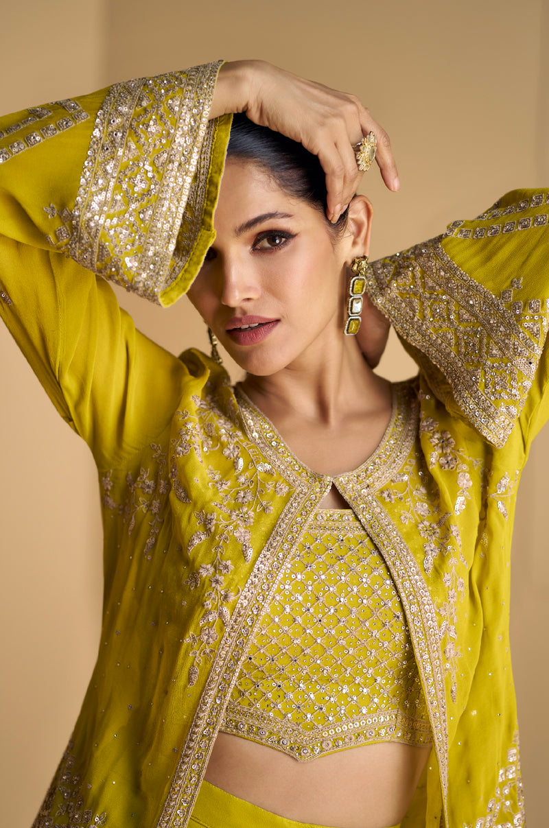 Olive Green Real Georgette Sharara Set with Embroidered Jacket