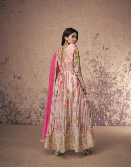Soft Pink Floral Embroidered Georgette Anarkali Suit with Net Dupatta