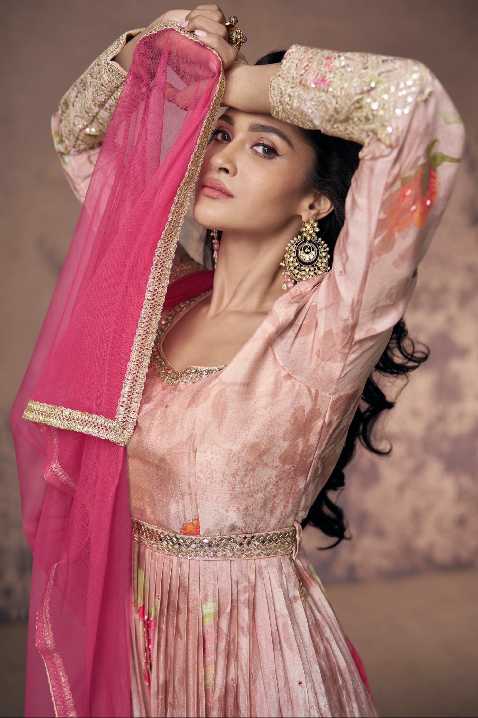 Soft Pink Floral Embroidered Georgette Anarkali Suit with Net Dupatta