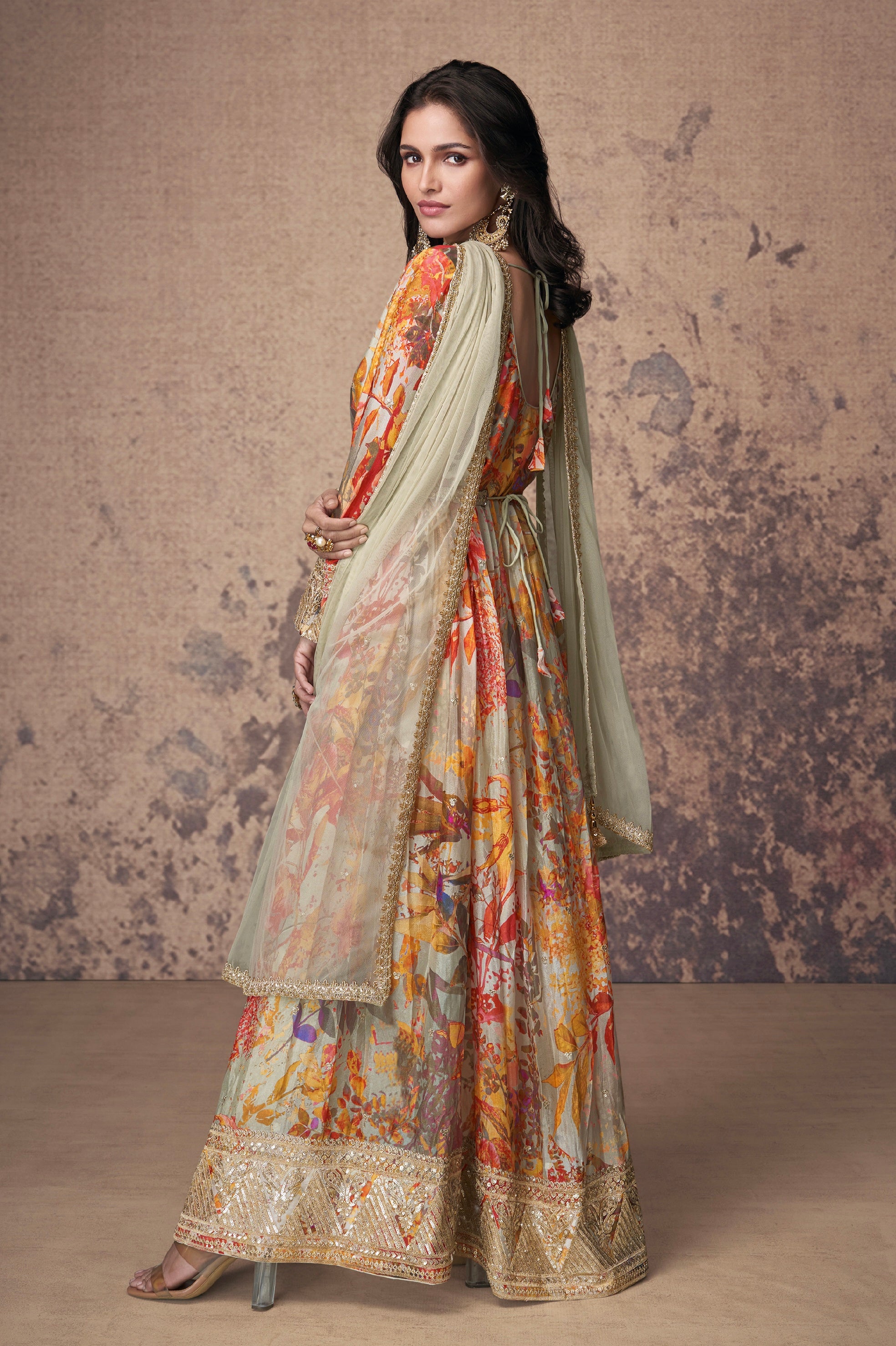 Multicolor Embroidered Georgette Anarkali Suit with Net Dupatta