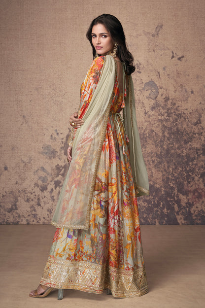 Multicolor Embroidered Georgette Anarkali Suit with Net Dupatta