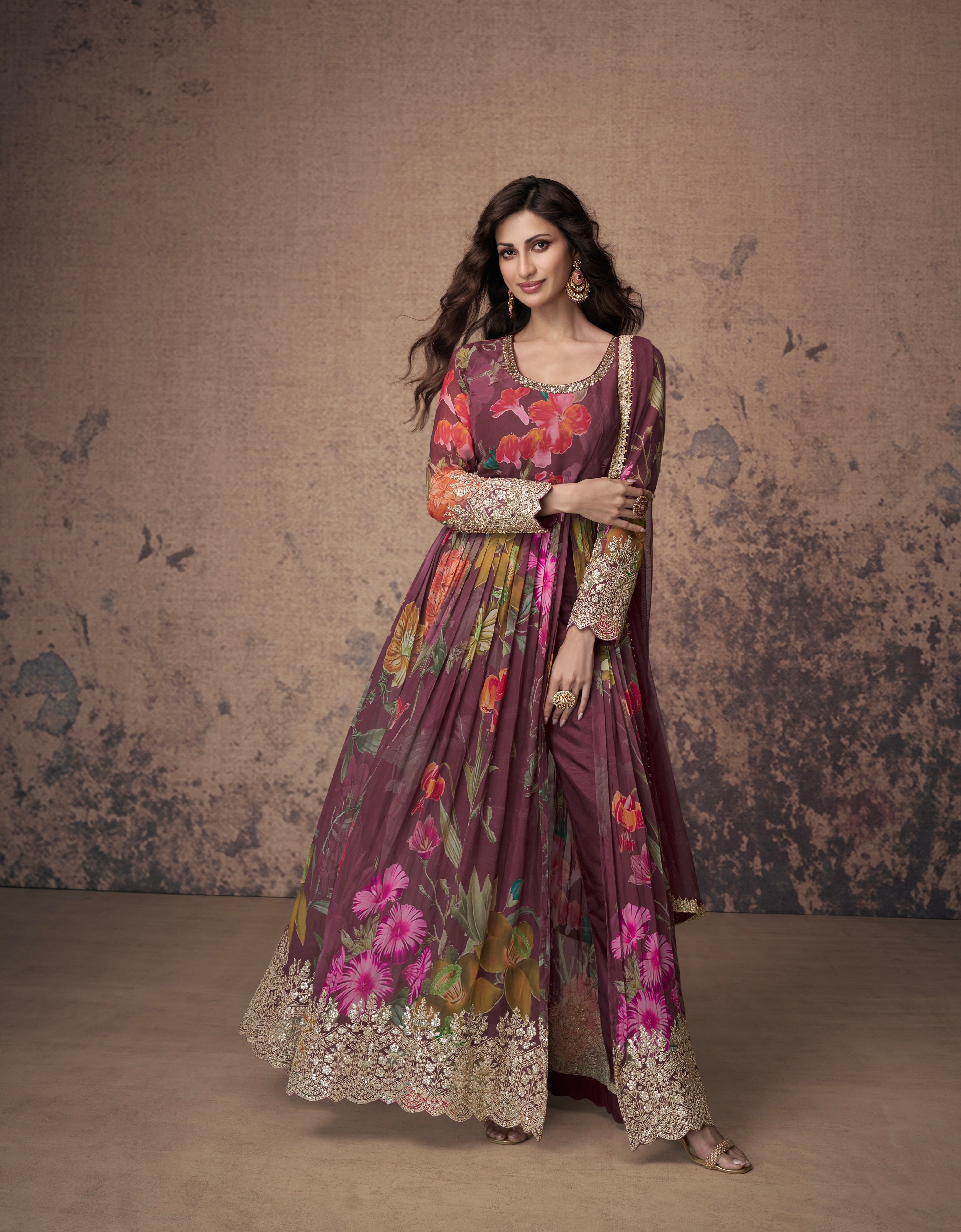 Maroon Floral Embroidered Georgette Anarkali Suit with Net Dupatta