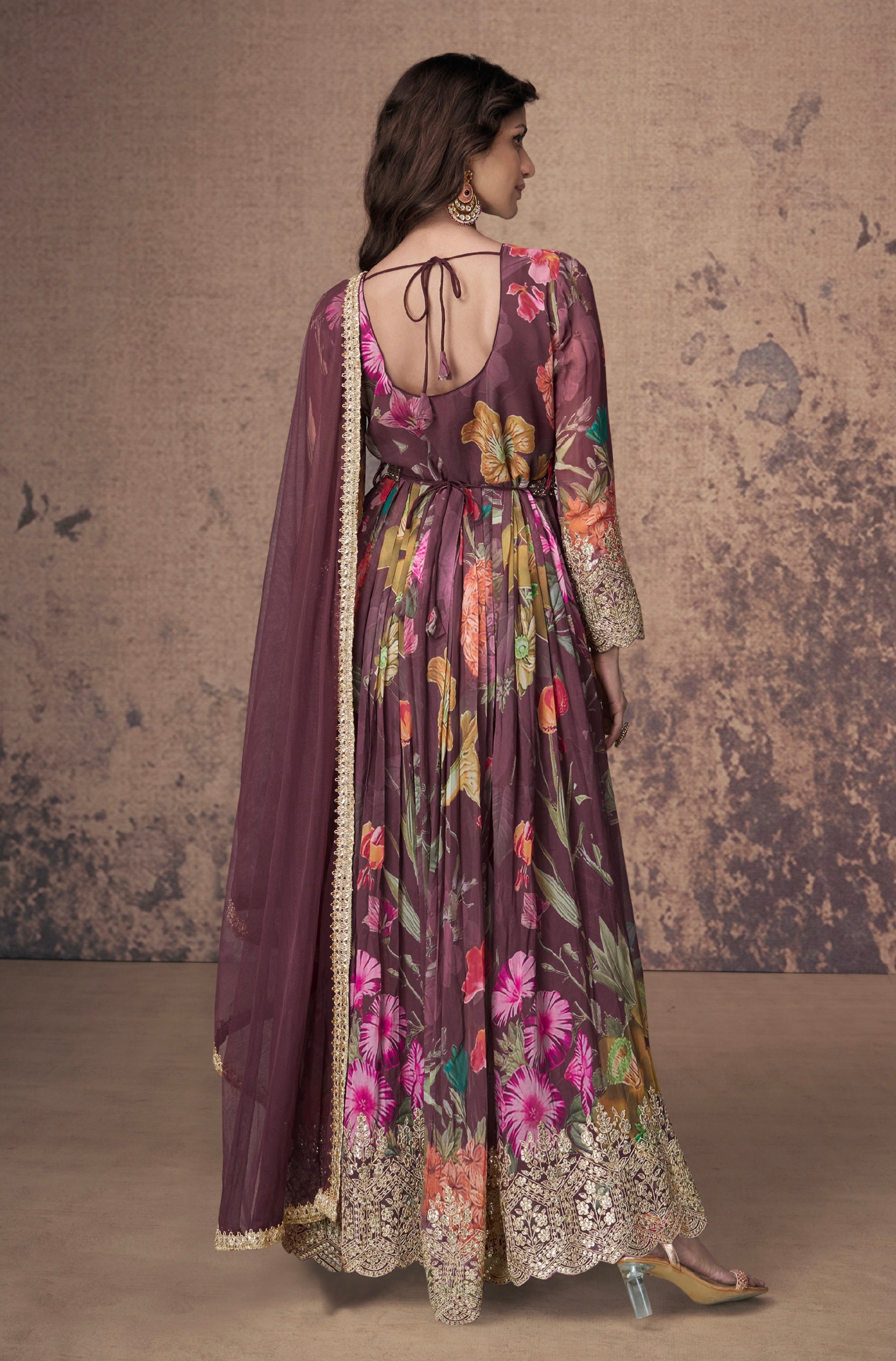 Maroon Floral Embroidered Georgette Anarkali Suit with Net Dupatta