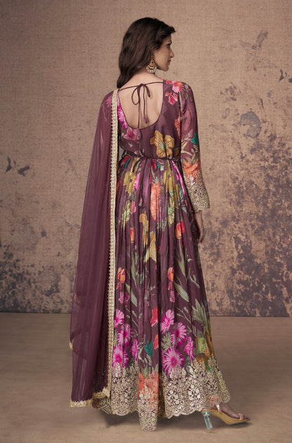 Maroon Floral Embroidered Georgette Anarkali Suit with Net Dupatta