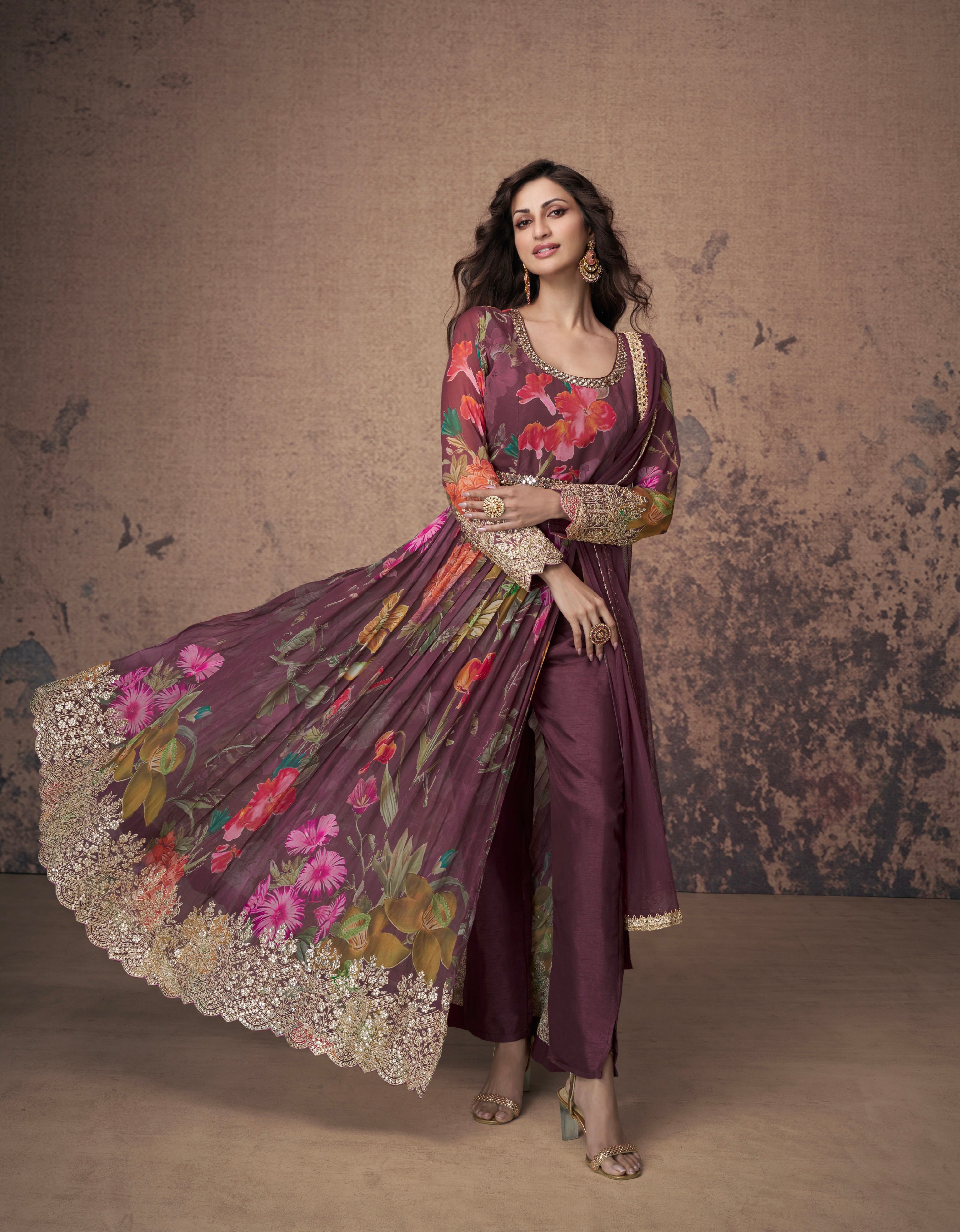 Maroon Floral Embroidered Georgette Anarkali Suit with Net Dupatta
