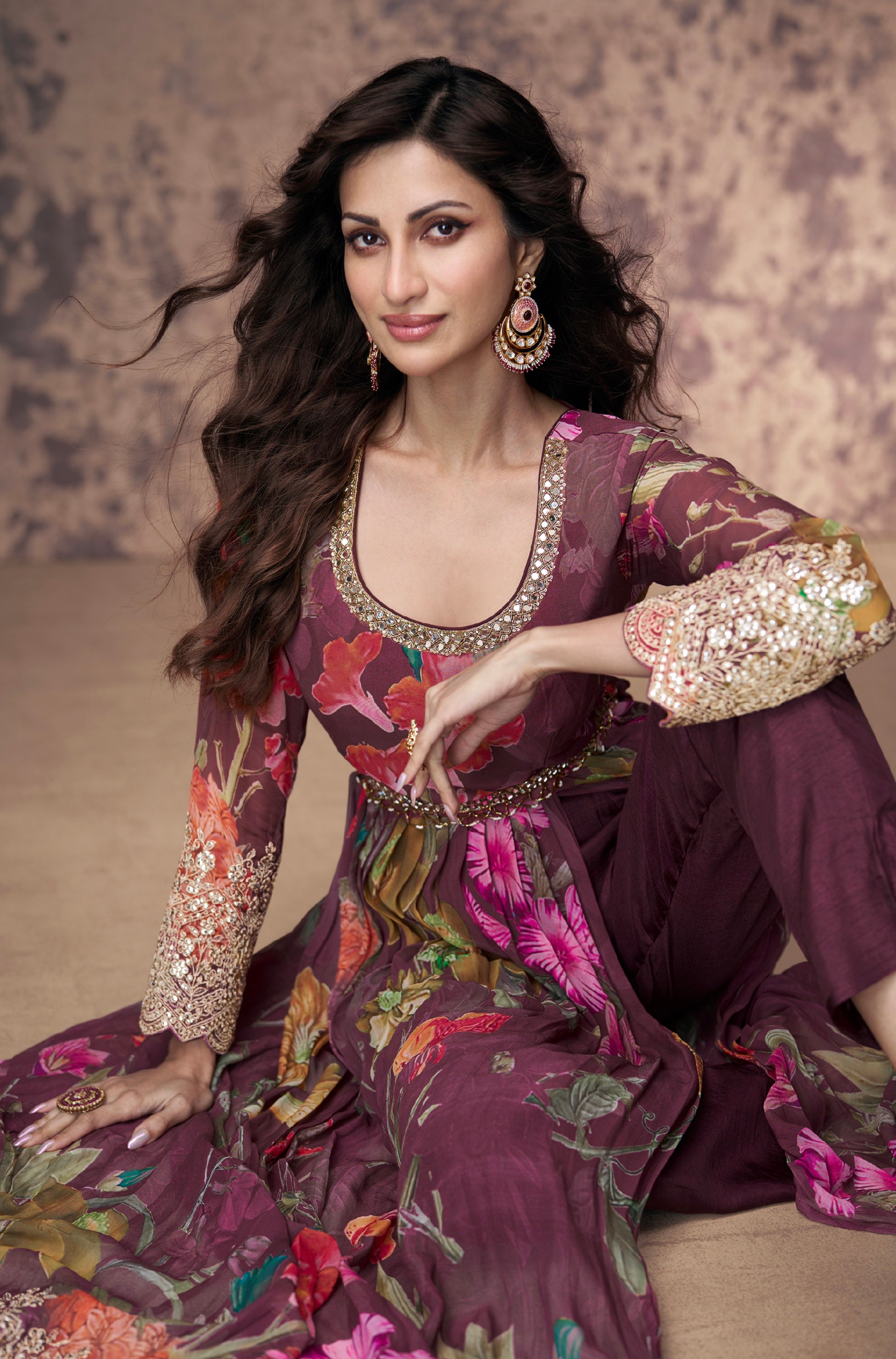 Maroon Floral Embroidered Georgette Anarkali Suit with Net Dupatta