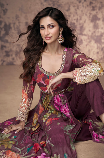 Maroon Floral Embroidered Georgette Anarkali Suit with Net Dupatta