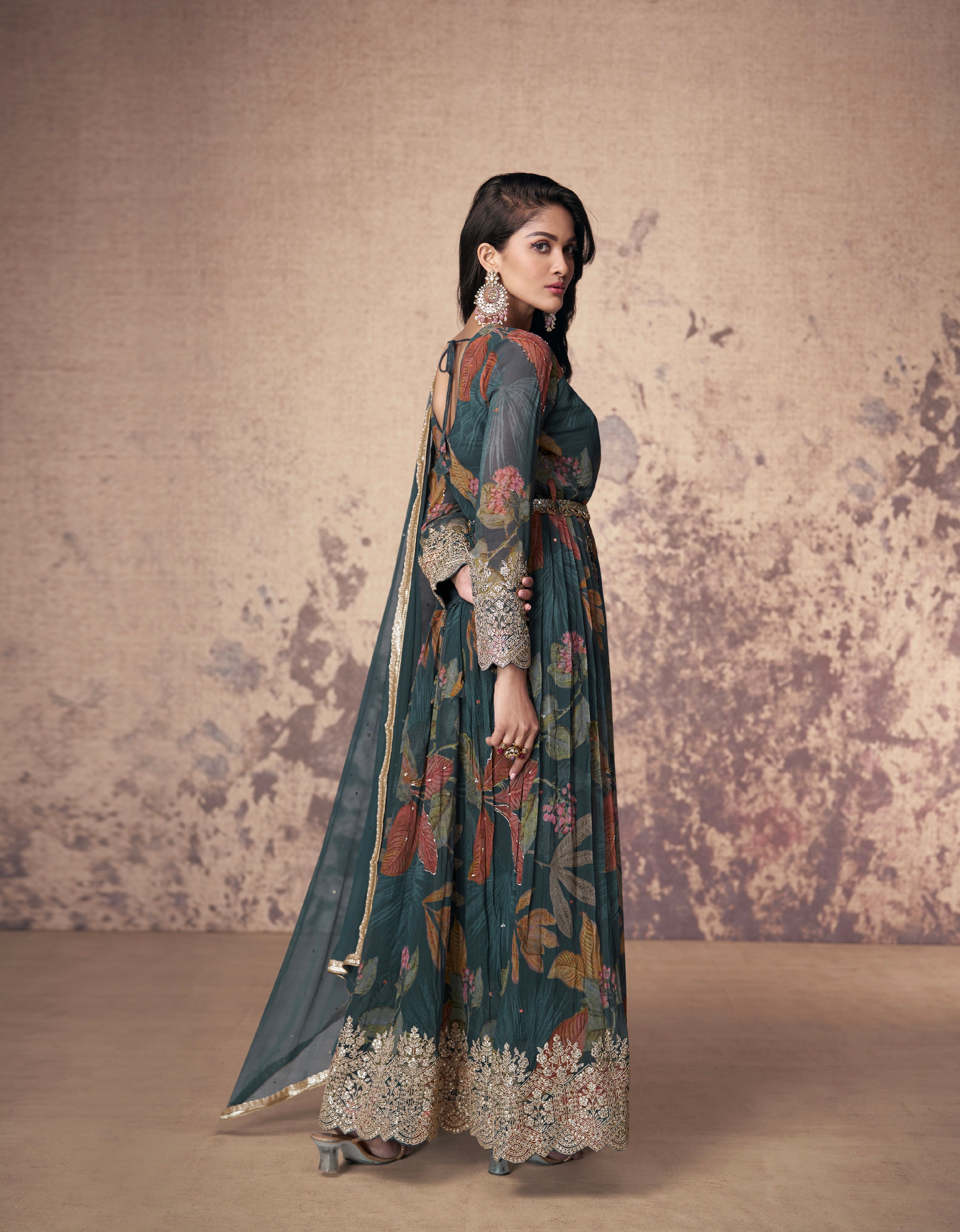 Teal Green Floral Embroidered Georgette Anarkali Suit with Net Dupatta