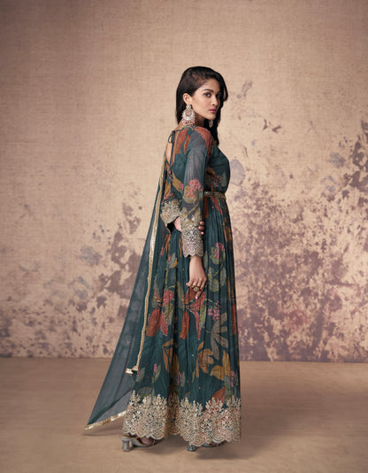 Teal Green Floral Embroidered Georgette Anarkali Suit with Net Dupatta