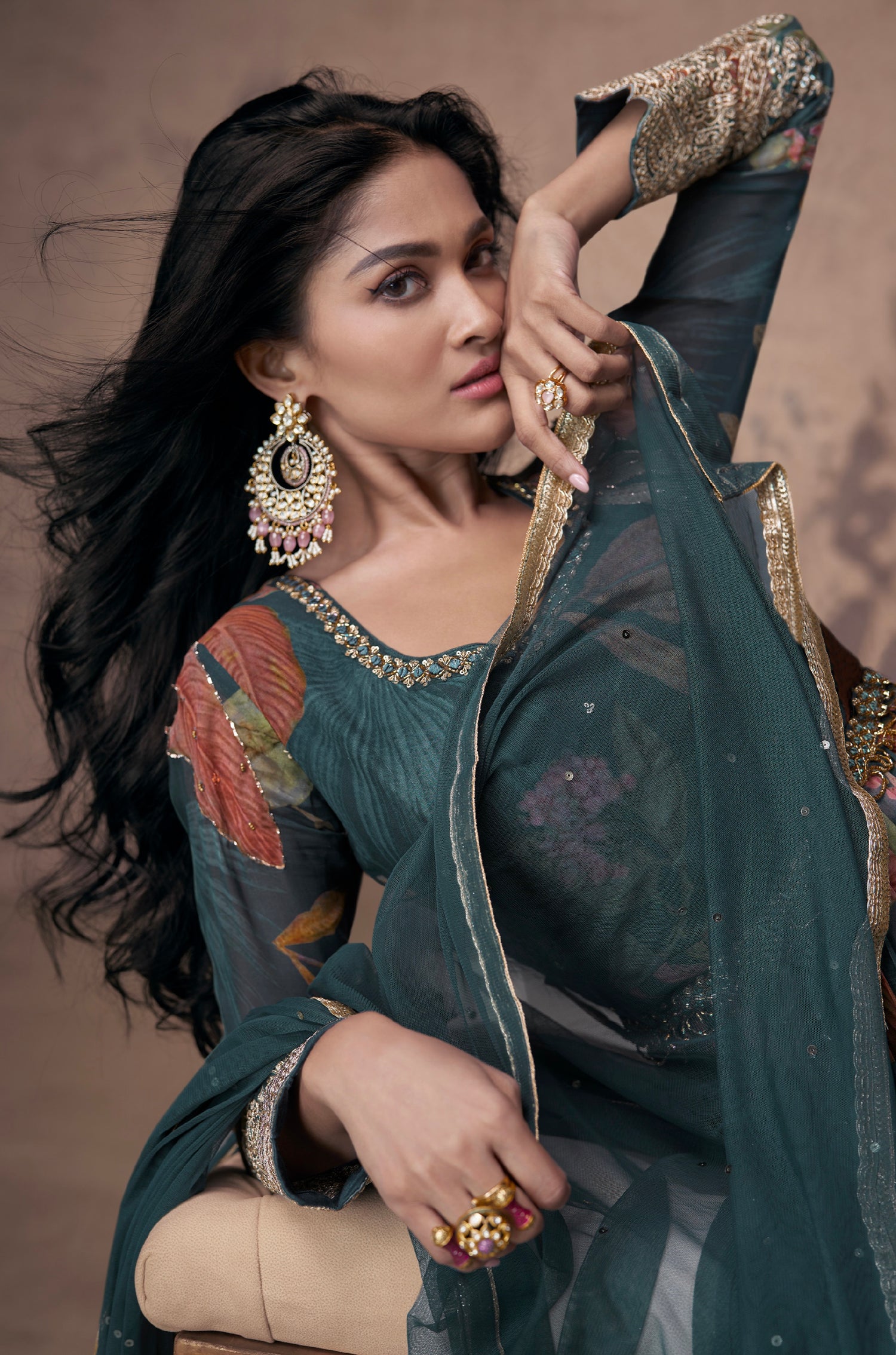 Teal Green Floral Embroidered Georgette Anarkali Suit with Net Dupatta