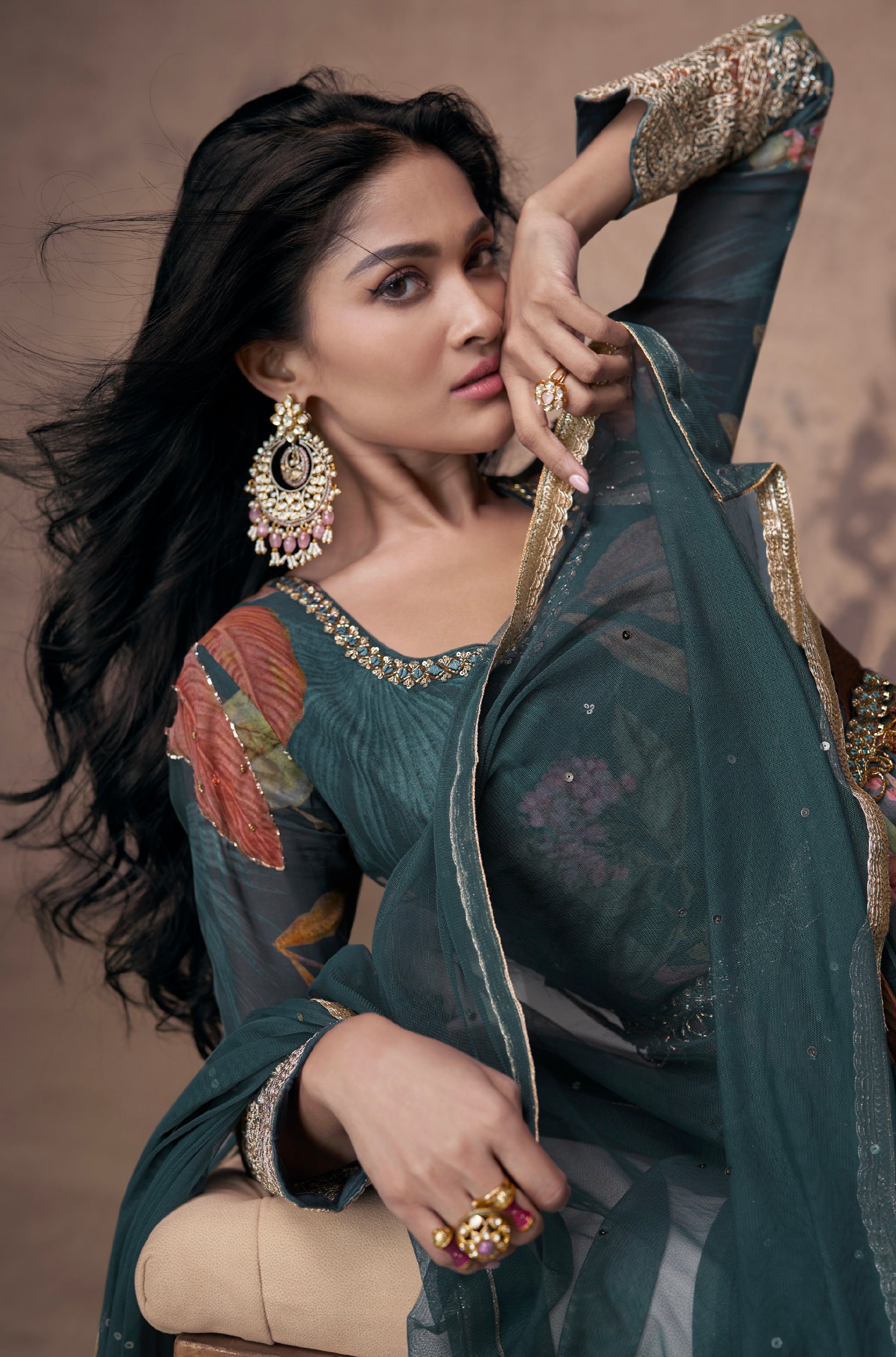 Teal Green Floral Embroidered Georgette Anarkali Suit with Net Dupatta