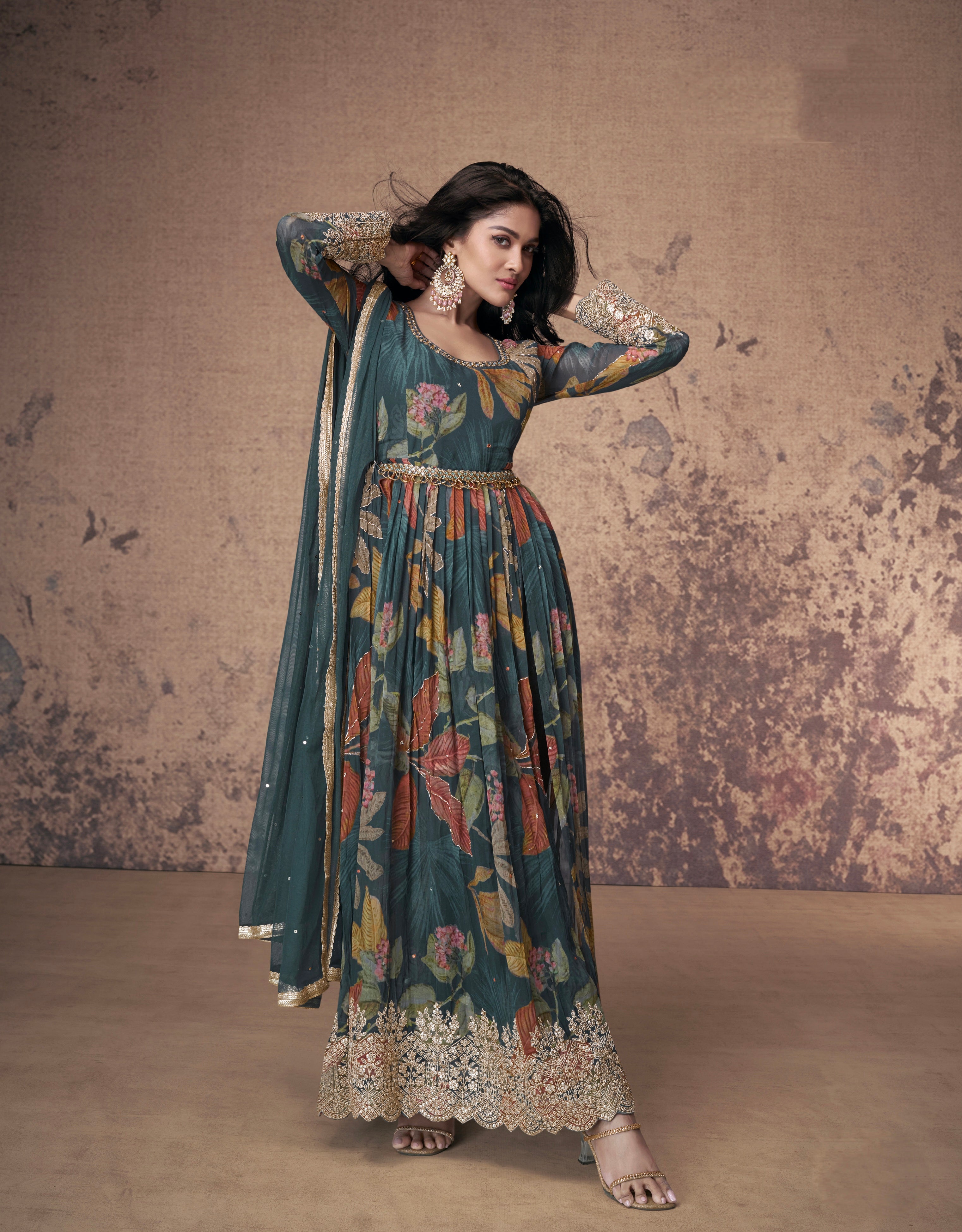 Teal Green Floral Embroidered Georgette Anarkali Suit with Net Dupatta