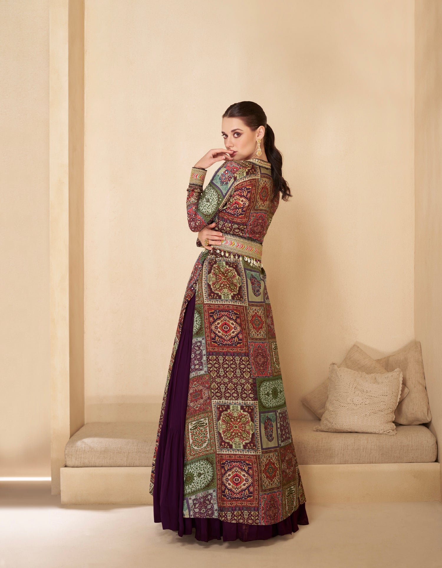 Purple Anarkali Suit with Multicolor Shrug &amp; Hand-Embellished Work
