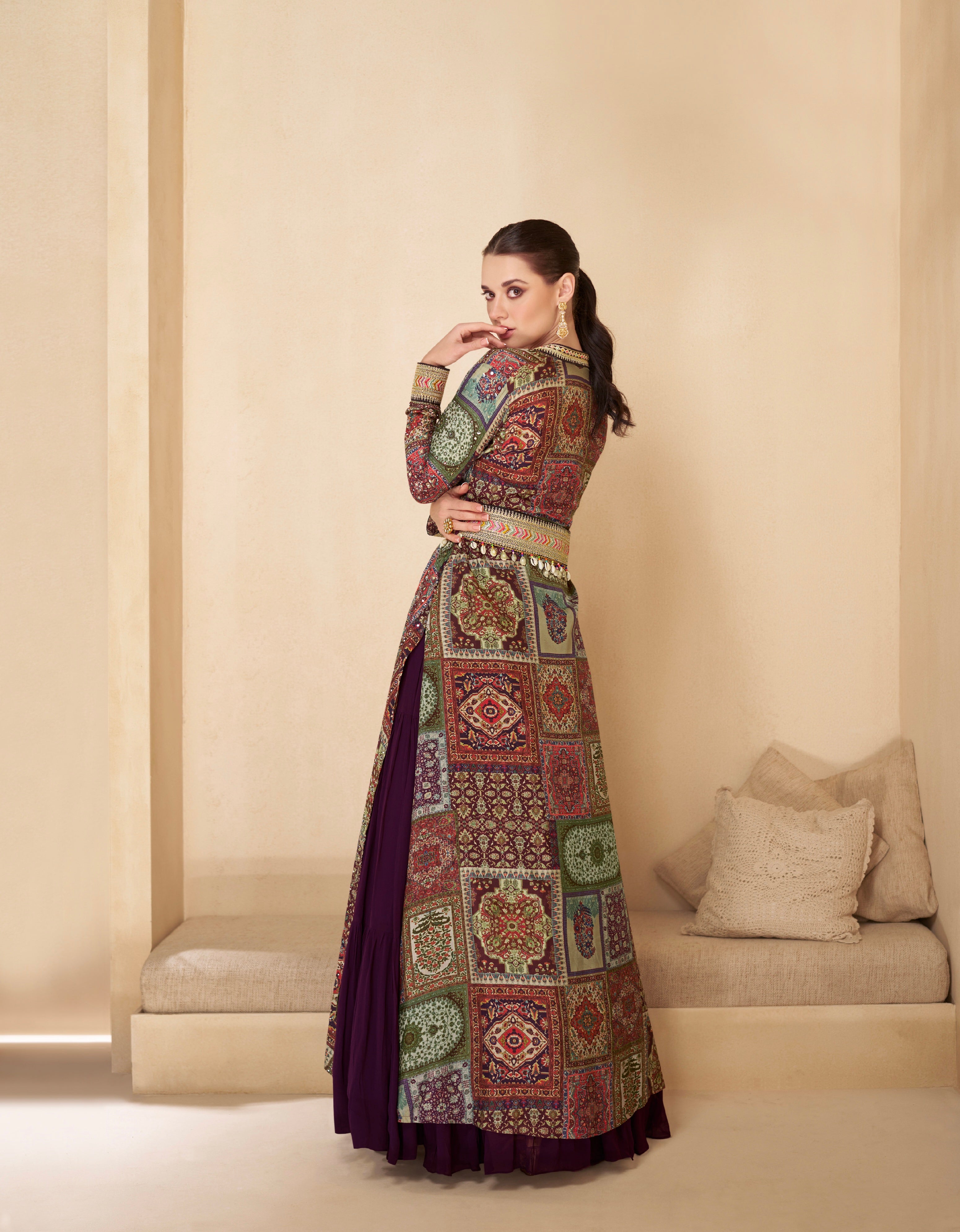 Purple Anarkali Suit with Multicolor Shrug & Hand-Embellished Work