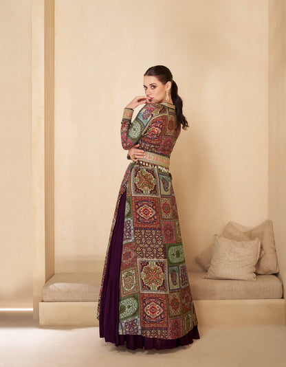 Purple Anarkali Suit with Multicolor Shrug &amp; Hand-Embellished Work