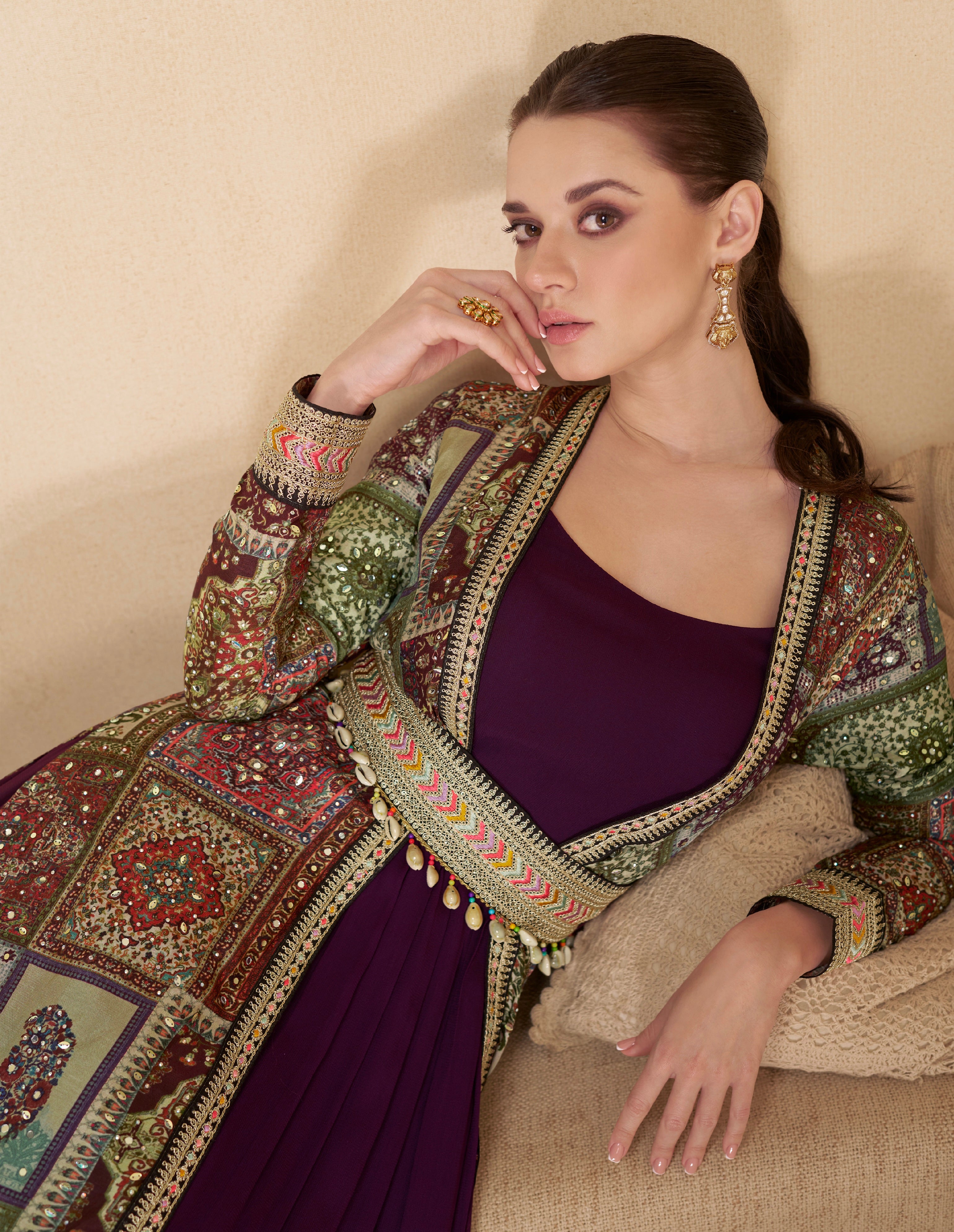 Purple Anarkali Suit with Multicolor Shrug & Hand-Embellished Work