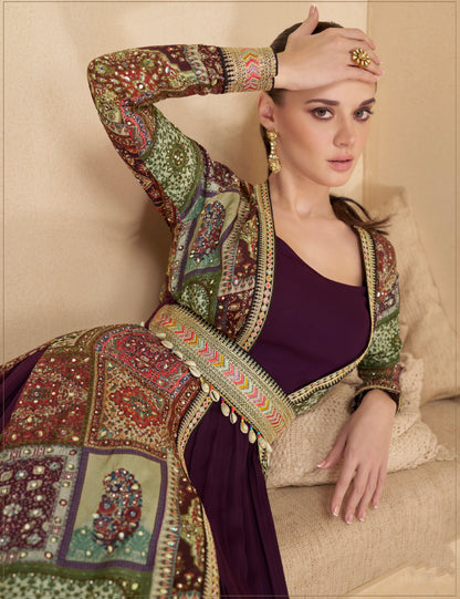 Purple Anarkali Suit with Multicolor Shrug &amp; Hand-Embellished Work