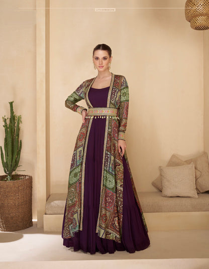 Purple Anarkali Suit with Multicolor Shrug &amp; Hand-Embellished Work