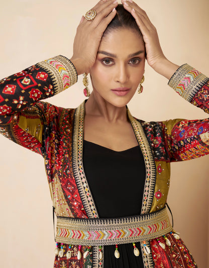 Black Anarkali Suit with Red Multicolor Shrug &amp; Hand-Embellished Work