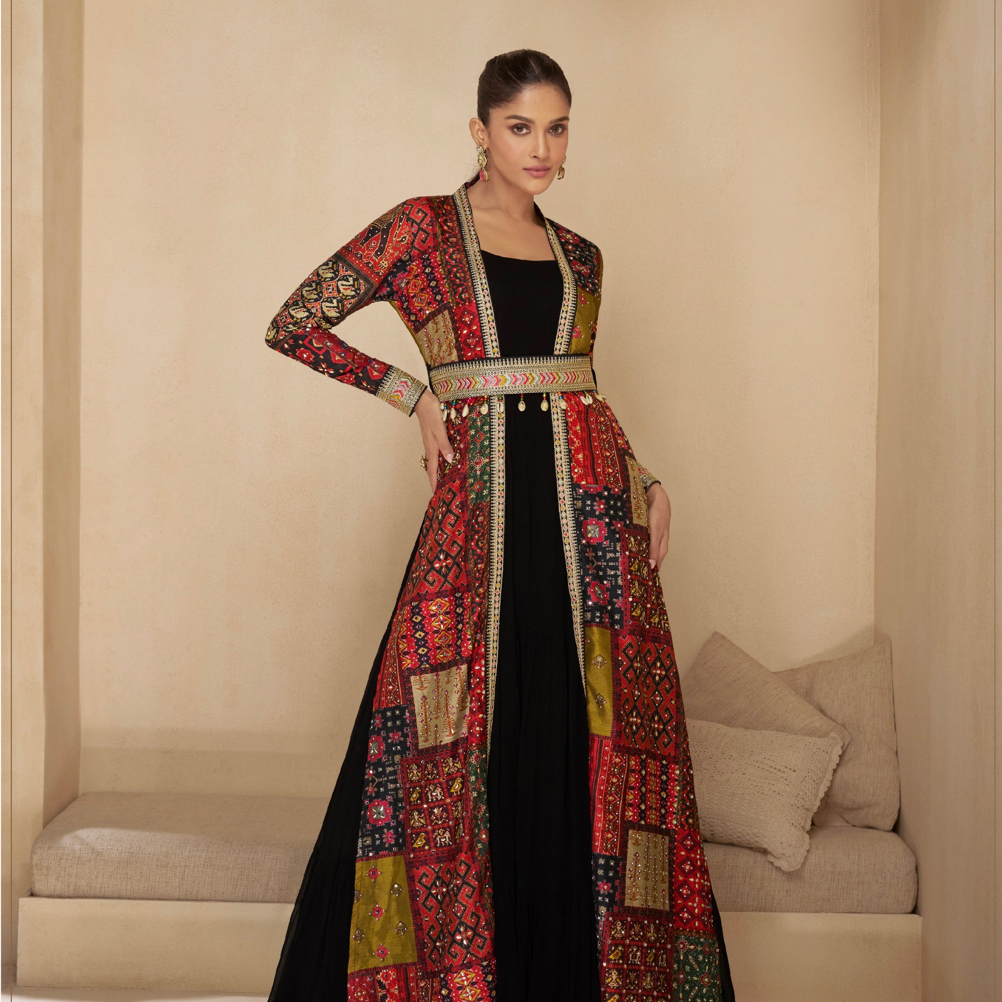 Black Anarkali Suit with Red Multicolor Shrug & Hand-Embellished Work
