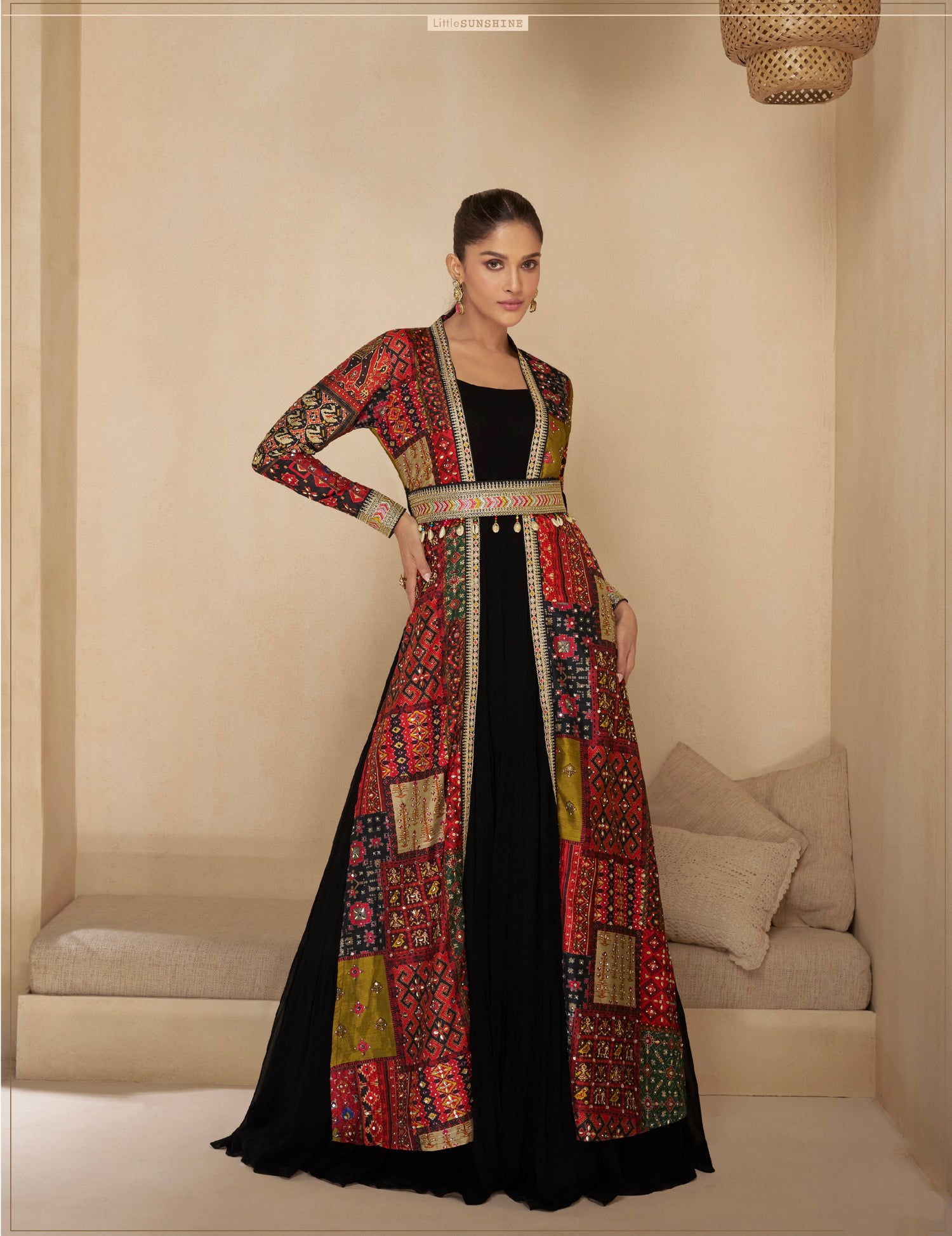 Black Anarkali Suit with Red Multicolor Shrug &amp; Hand-Embellished Work