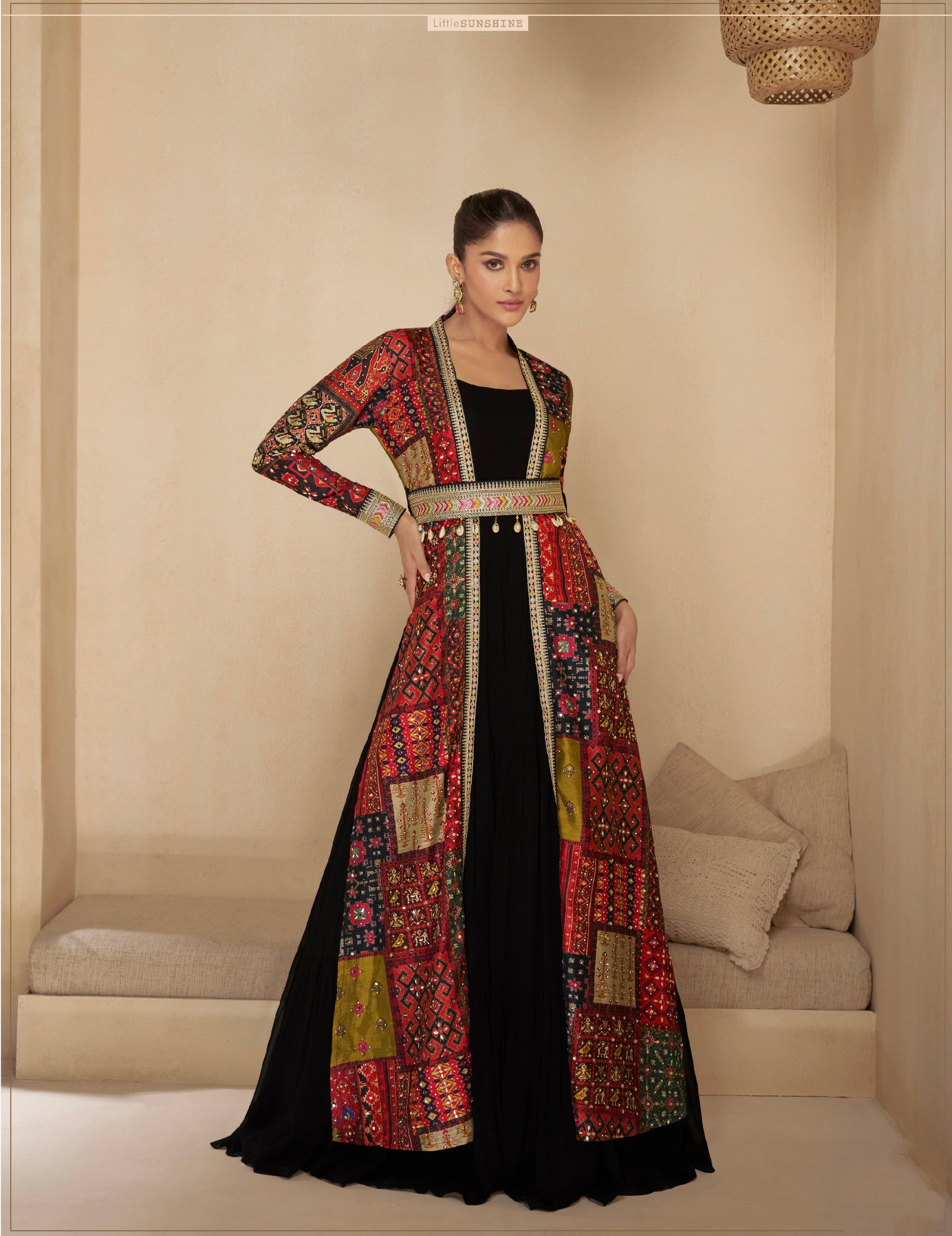 Black Anarkali Suit with Red Multicolor Shrug &amp; Hand-Embellished Work