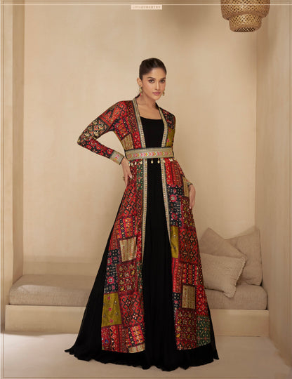 Black Anarkali Suit with Red Multicolor Shrug &amp; Hand-Embellished Work