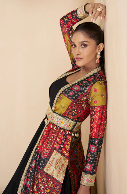 Black Anarkali Suit with Red Multicolor Shrug &amp; Hand-Embellished Work