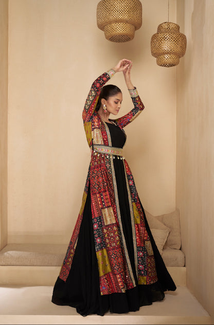 Black Anarkali Suit with Red Multicolor Shrug &amp; Hand-Embellished Work