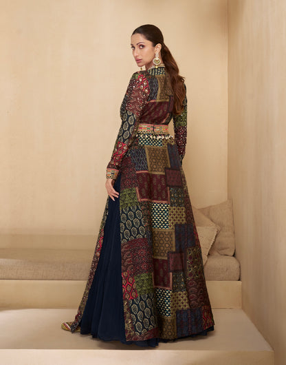 Navy Blue Anarkali Suit with Multicolor Shrug &amp; Hand-Embellished Work