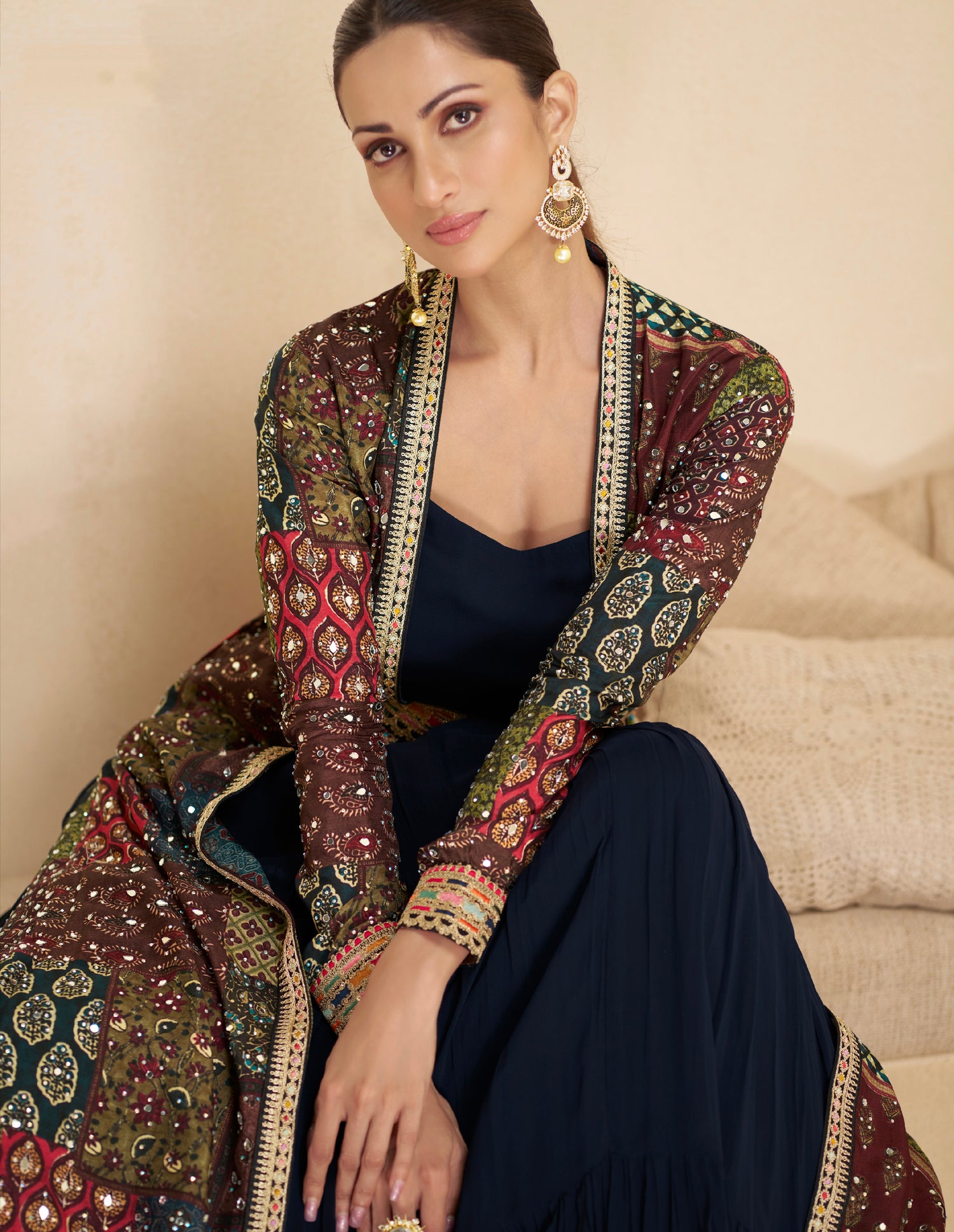 Navy Blue Anarkali Suit with Multicolor Shrug &amp; Hand-Embellished Work
