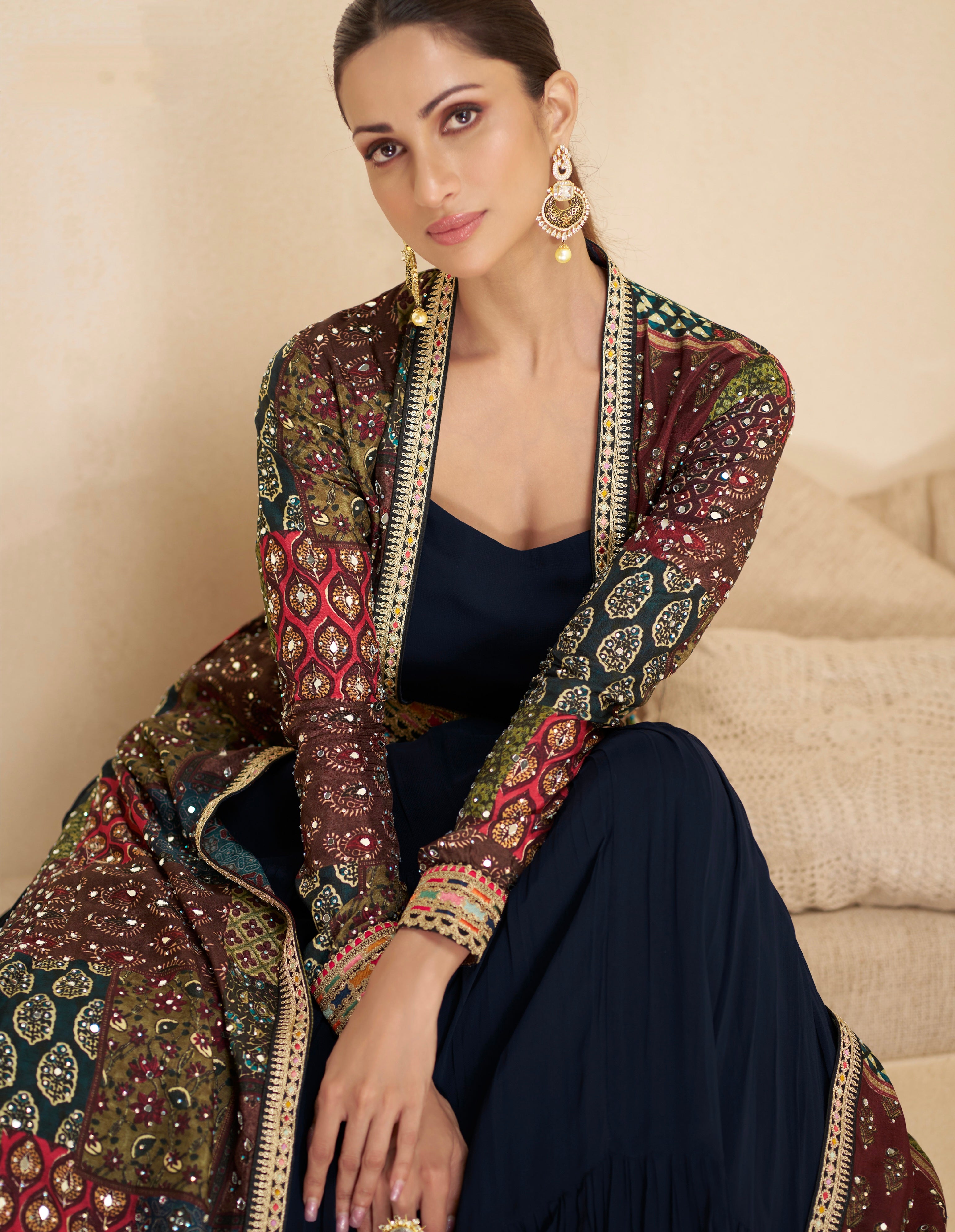 Navy Blue Anarkali Suit with Multicolor Shrug &amp; Hand-Embellished Work