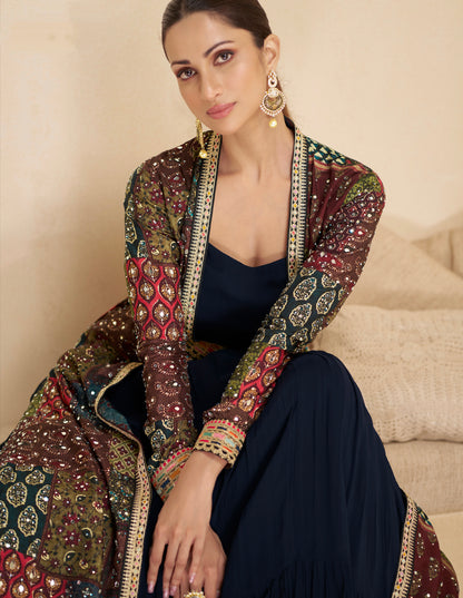 Navy Blue Anarkali Suit with Multicolor Shrug &amp; Hand-Embellished Work
