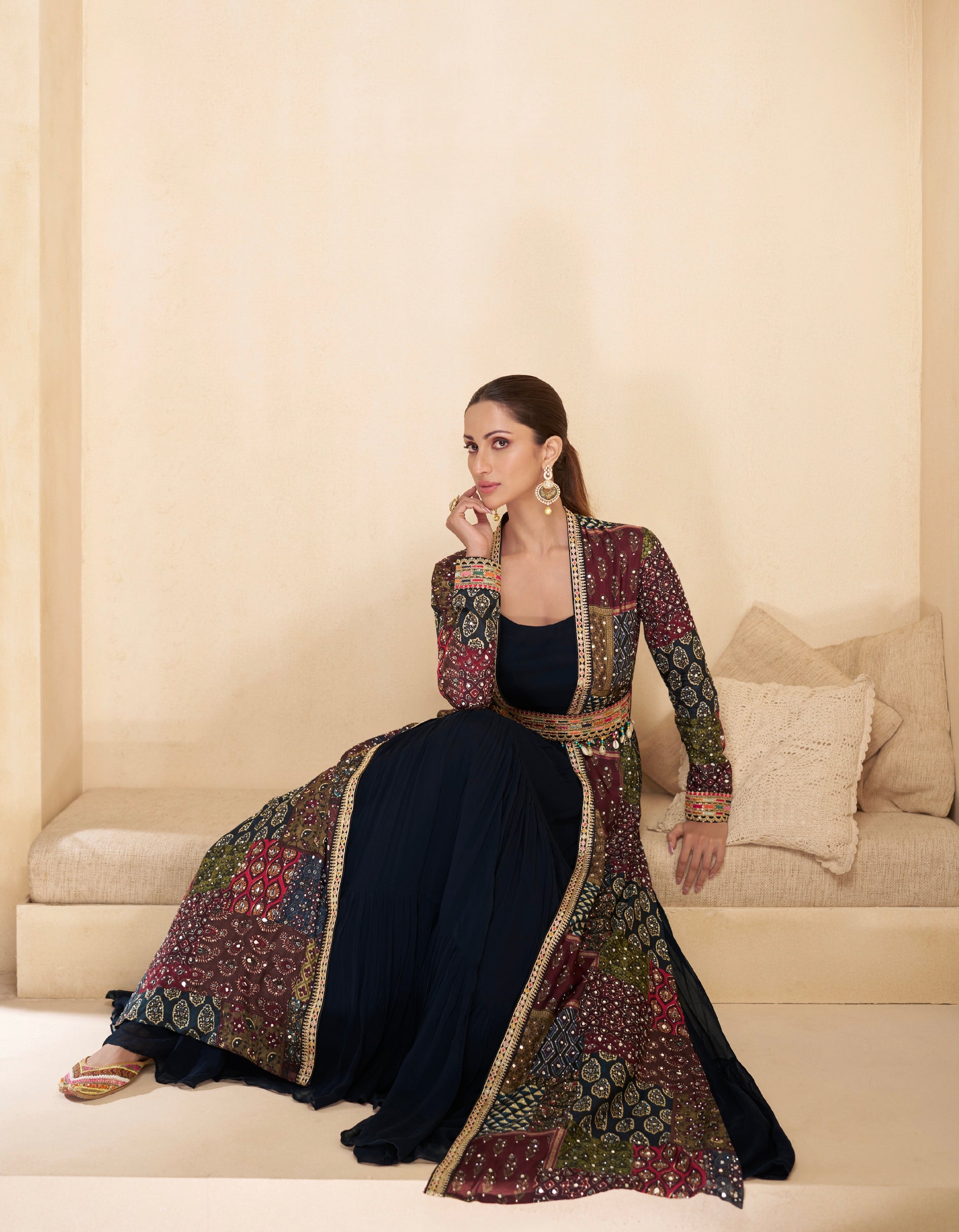 Navy Blue Anarkali Suit with Multicolor Shrug Hand-Embellished Work