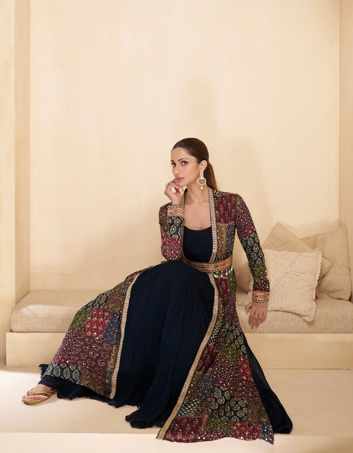 Navy Blue Anarkali Suit with Multicolor Shrug &amp; Hand-Embellished Work