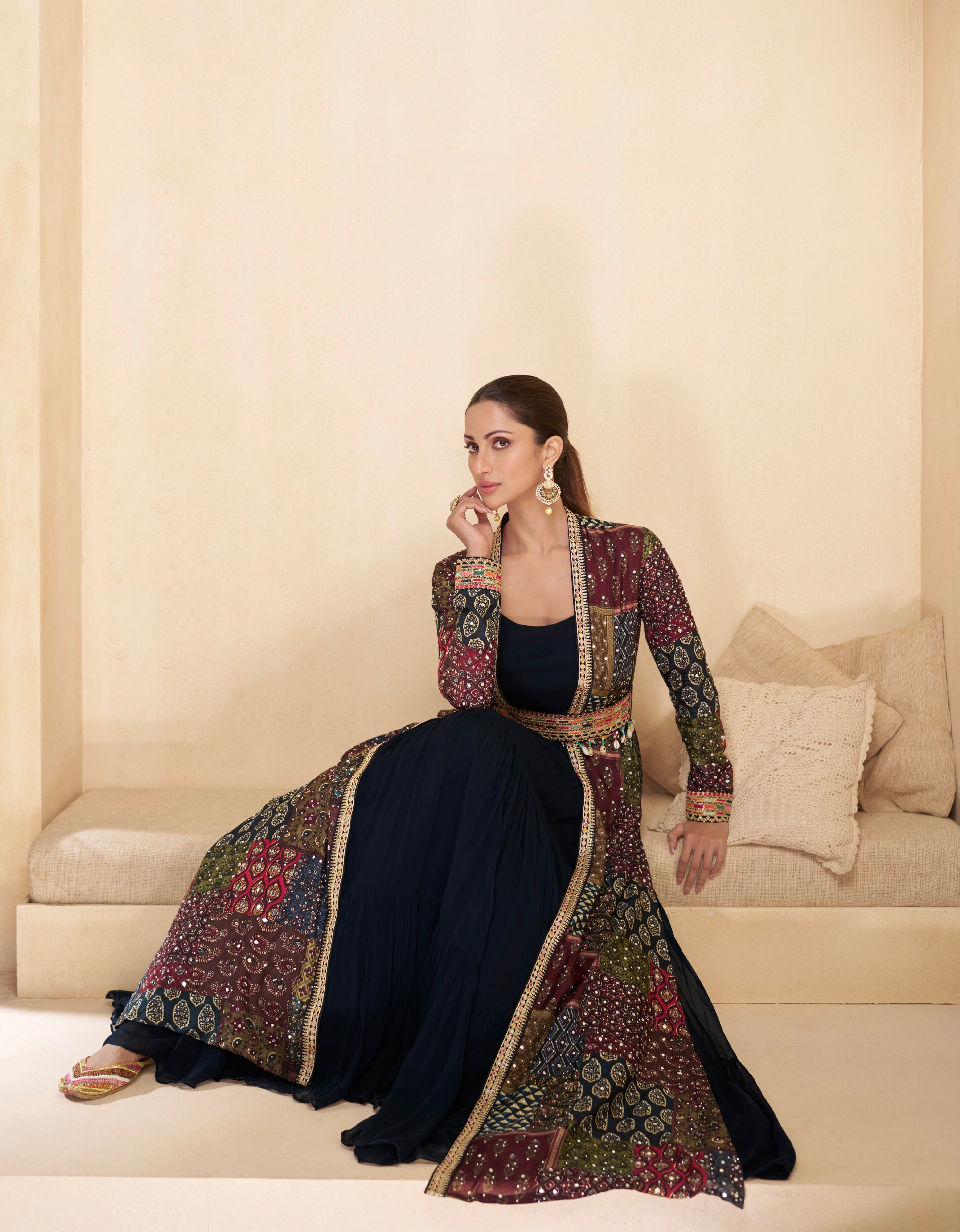 Navy Blue Anarkali Suit with Multicolor Shrug &amp; Hand-Embellished Work