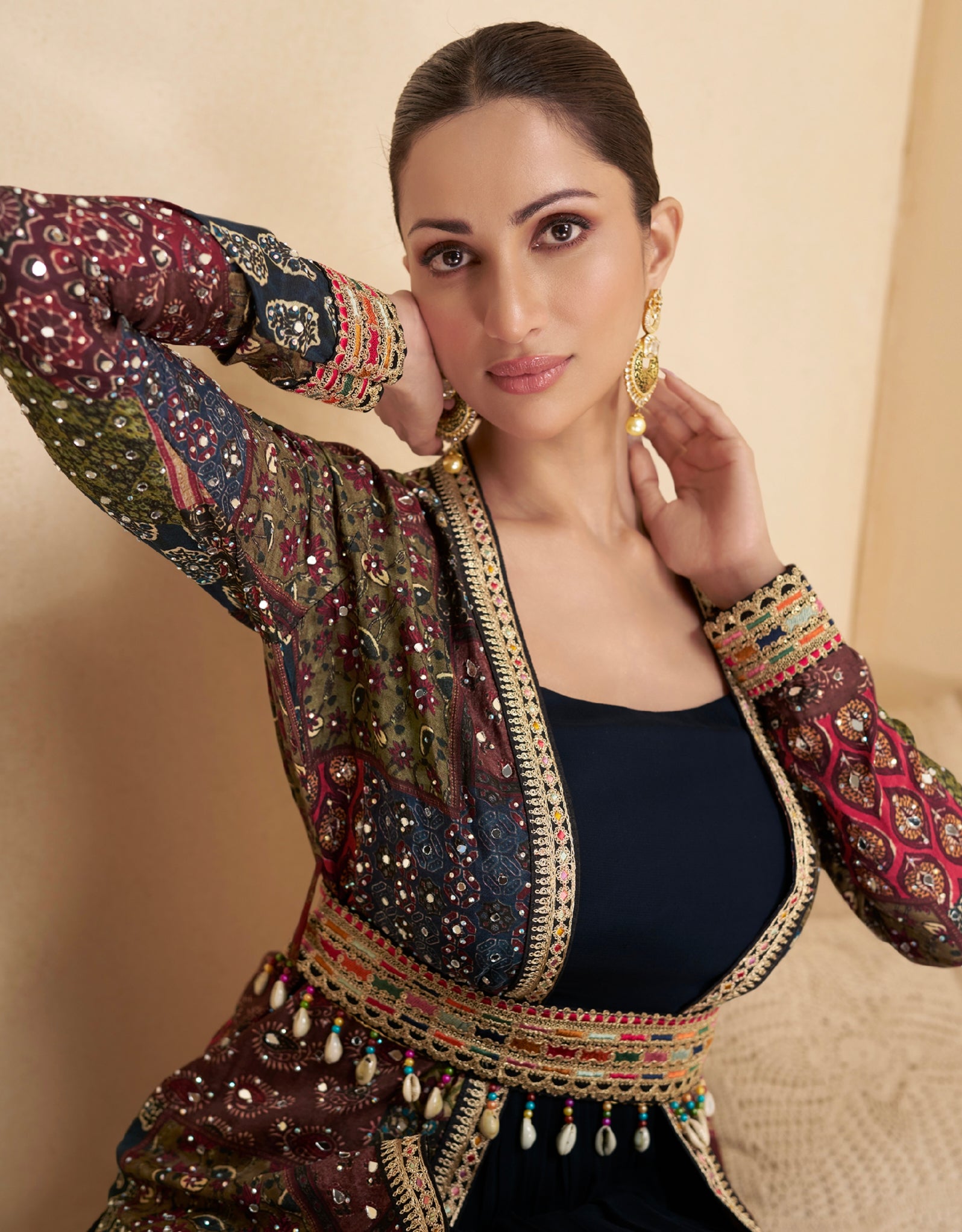 Navy Blue Anarkali Suit with Multicolor Shrug &amp; Hand-Embellished Work