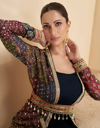Navy Blue Anarkali Suit with Multicolor Shrug &amp; Hand-Embellished Work
