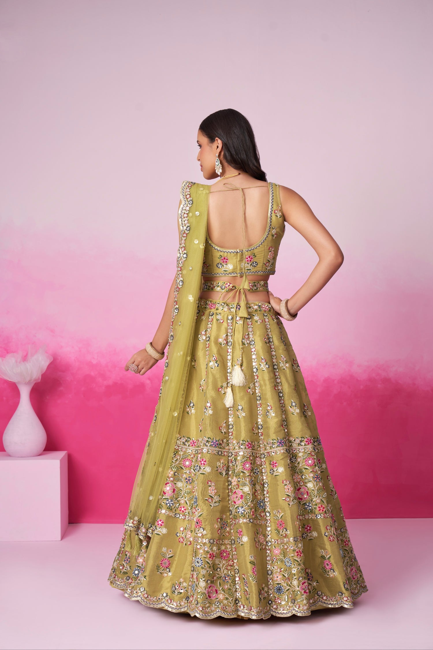 Mustard Bridal Net Lehenga with Mirror &amp; Sequin Work