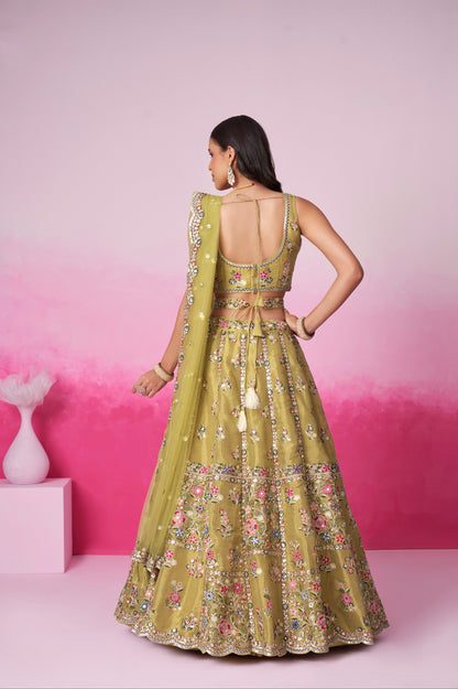 Mustard Bridal Net Lehenga with Mirror &amp; Sequin Work