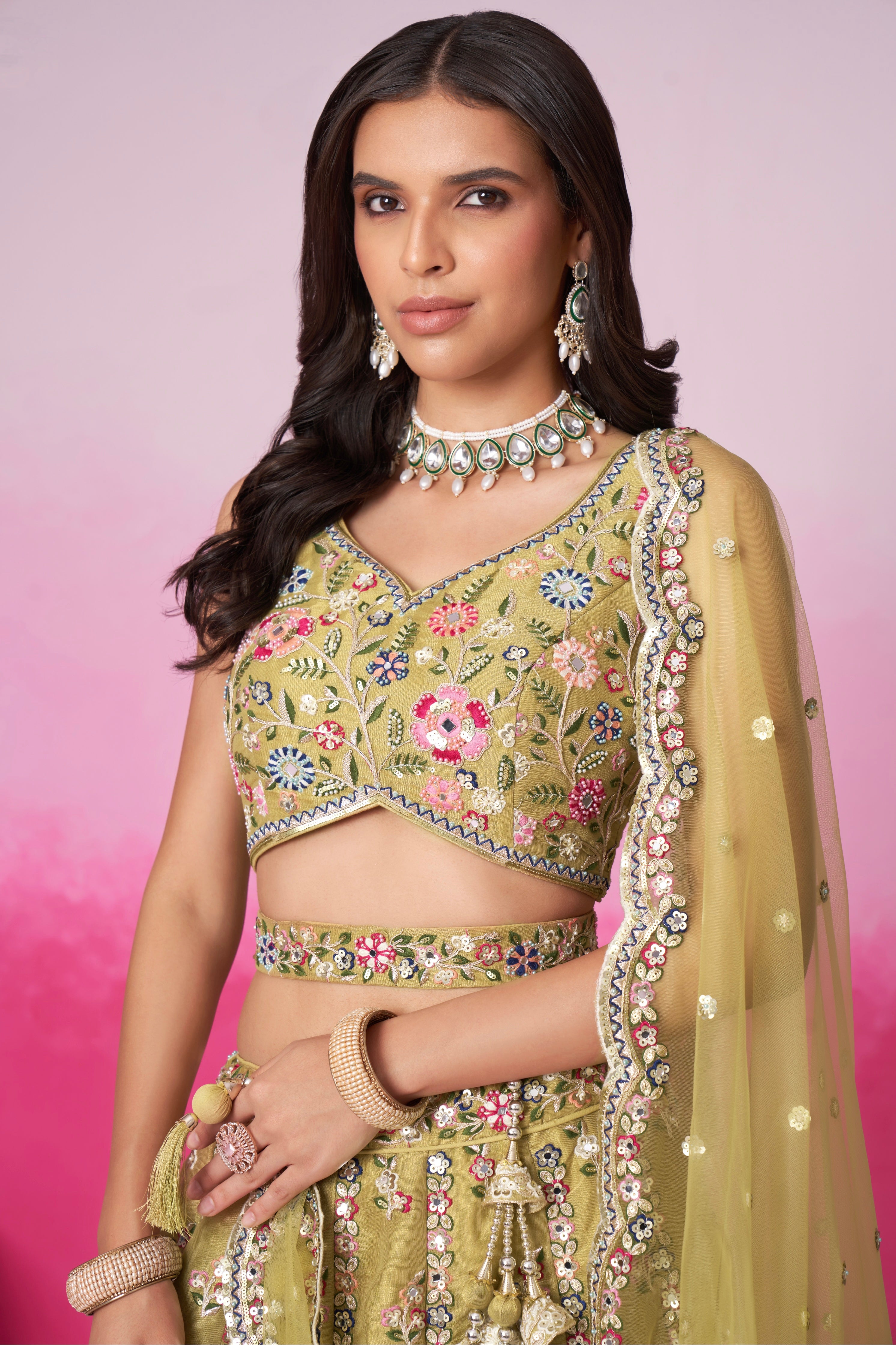 Mustard Bridal Net Lehenga with Mirror &amp; Sequin Work