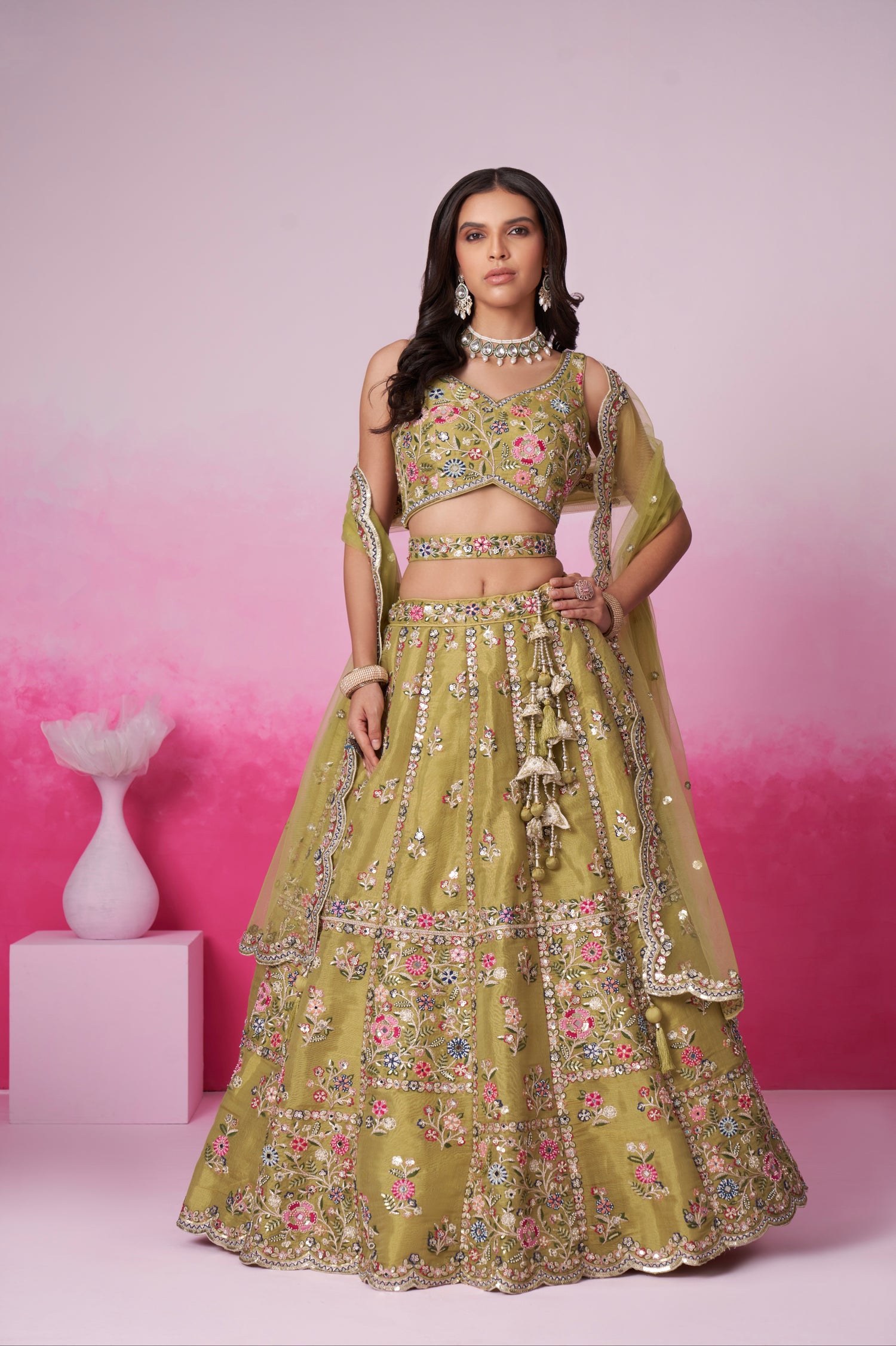 Mustard Bridal Net Lehenga with Mirror &amp; Sequin Work